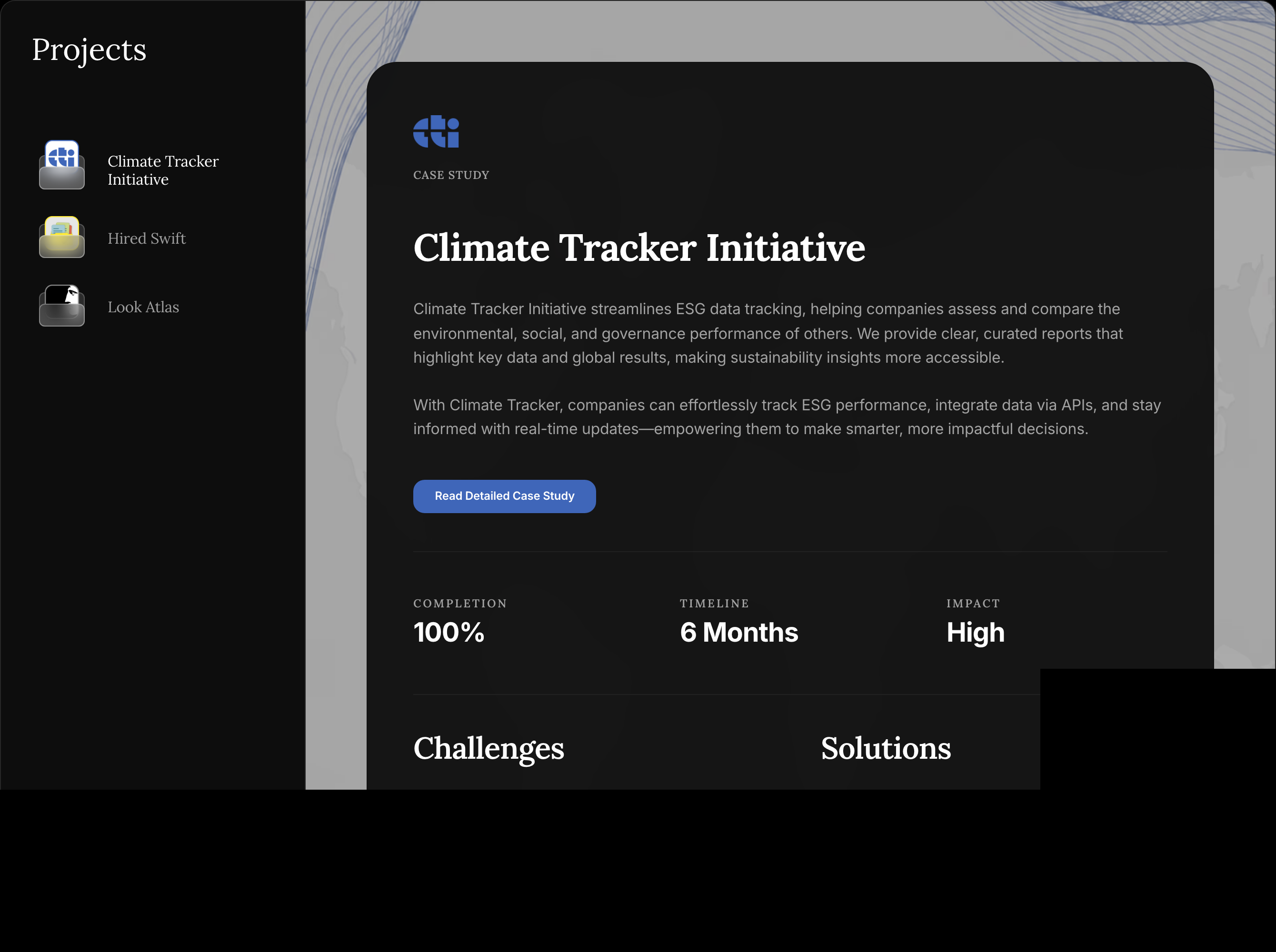A sleek, structured dark-mode case study display pairing desktop-folder project navigation with editorial metrics and narrative.