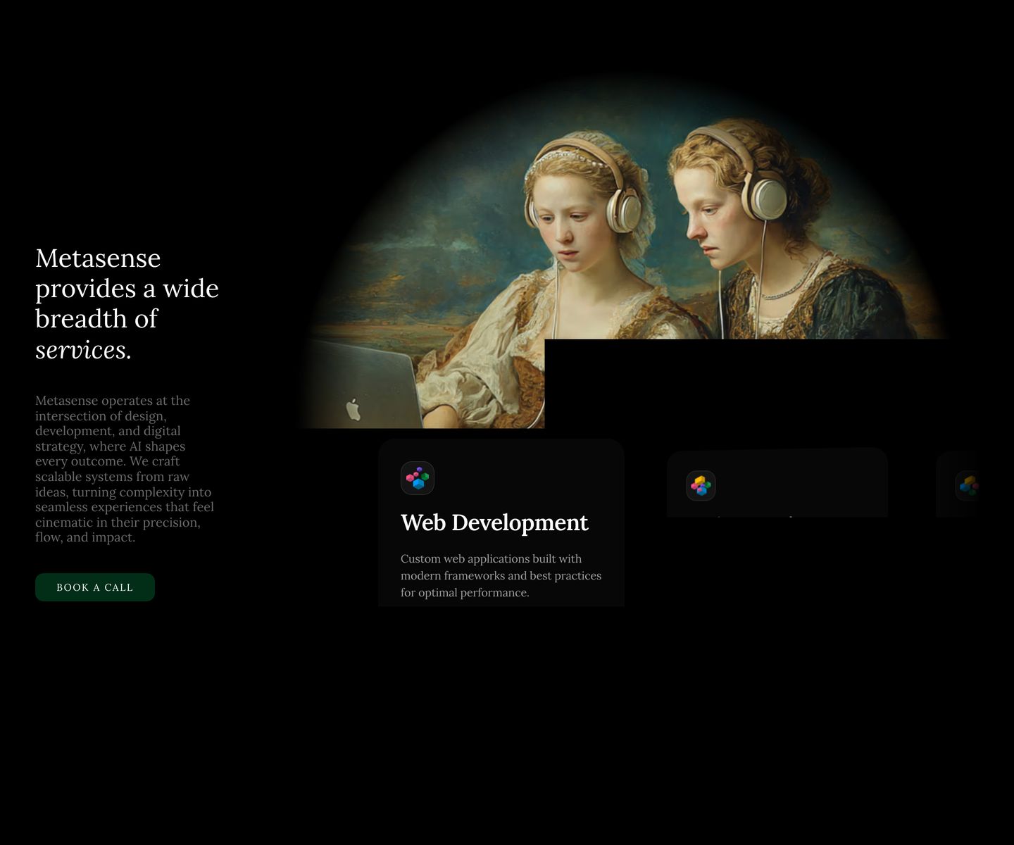 A surreal blend of Renaissance painting and modern tech aesthetics framed by dark UI service cards and refined serif typography.