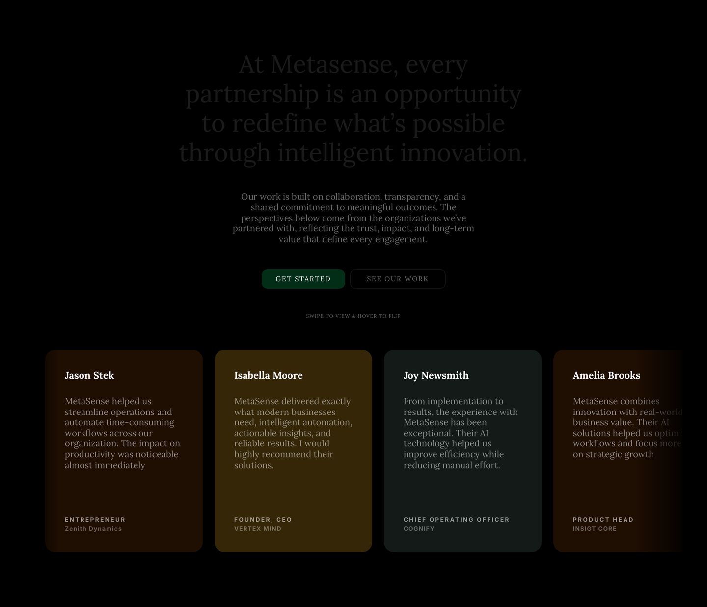 Sombre and restrained testimonial section pairing a low-contrast serif statement with subtly tinted dark review cards.