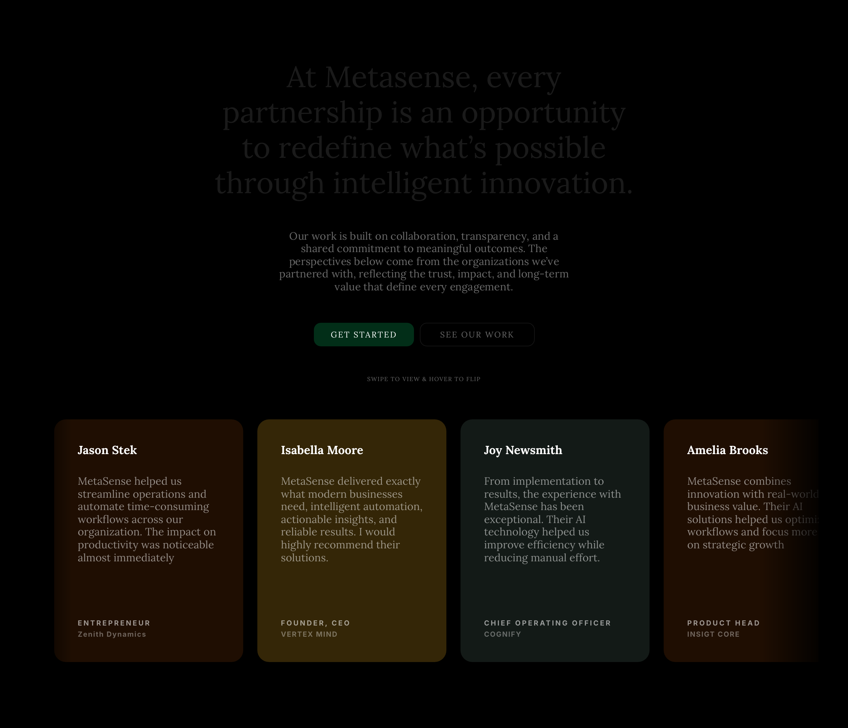 Sombre and restrained testimonial section pairing a low-contrast serif statement with subtly tinted dark review cards.