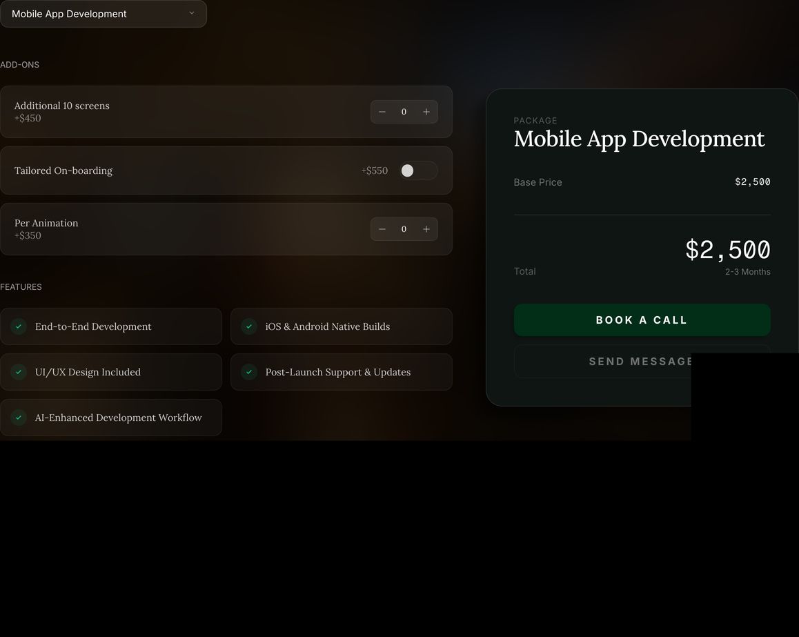 Dark, premium interactive pricing calculator with refined serif headlines, subtle glassmorphic cards, and sleek configuration toggles.
