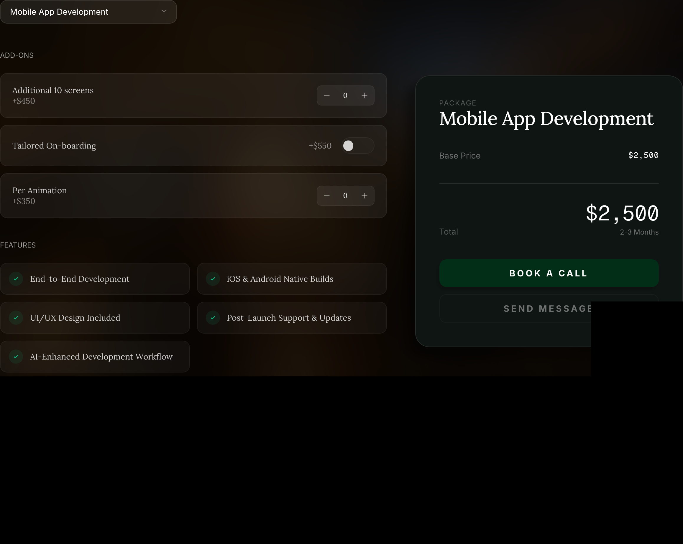 Dark, premium interactive pricing calculator with refined serif headlines, subtle glassmorphic cards, and sleek configuration toggles.