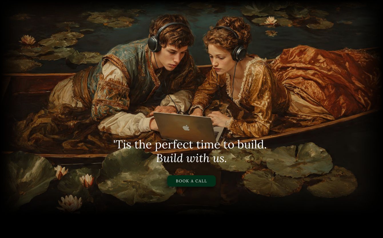 Surreal anachronistic classical painting serving as an atmospheric call-to-action with elegant serif typography.