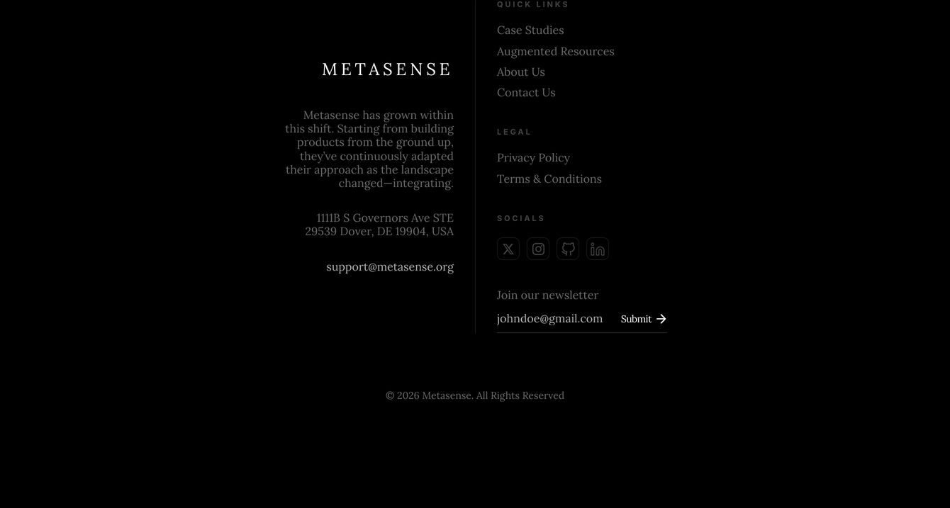 A restrained, dark editorial footer with muted serif and sans-serif typography floating in deep black space.