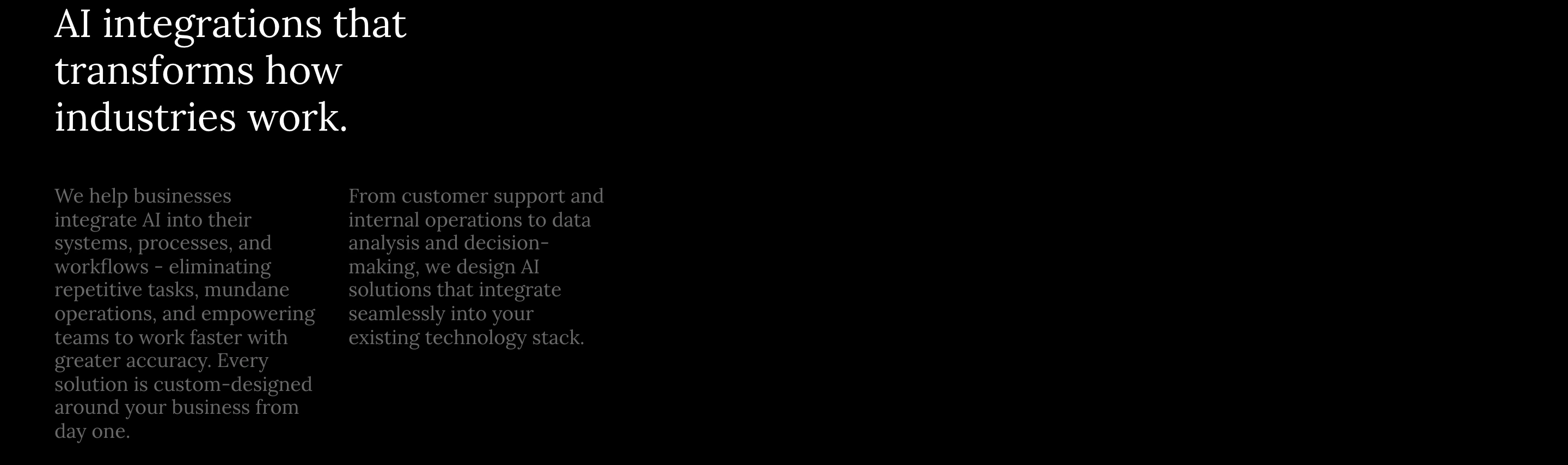 Austere editorial statement section set entirely in serif type against pitch black with expansive negative space.