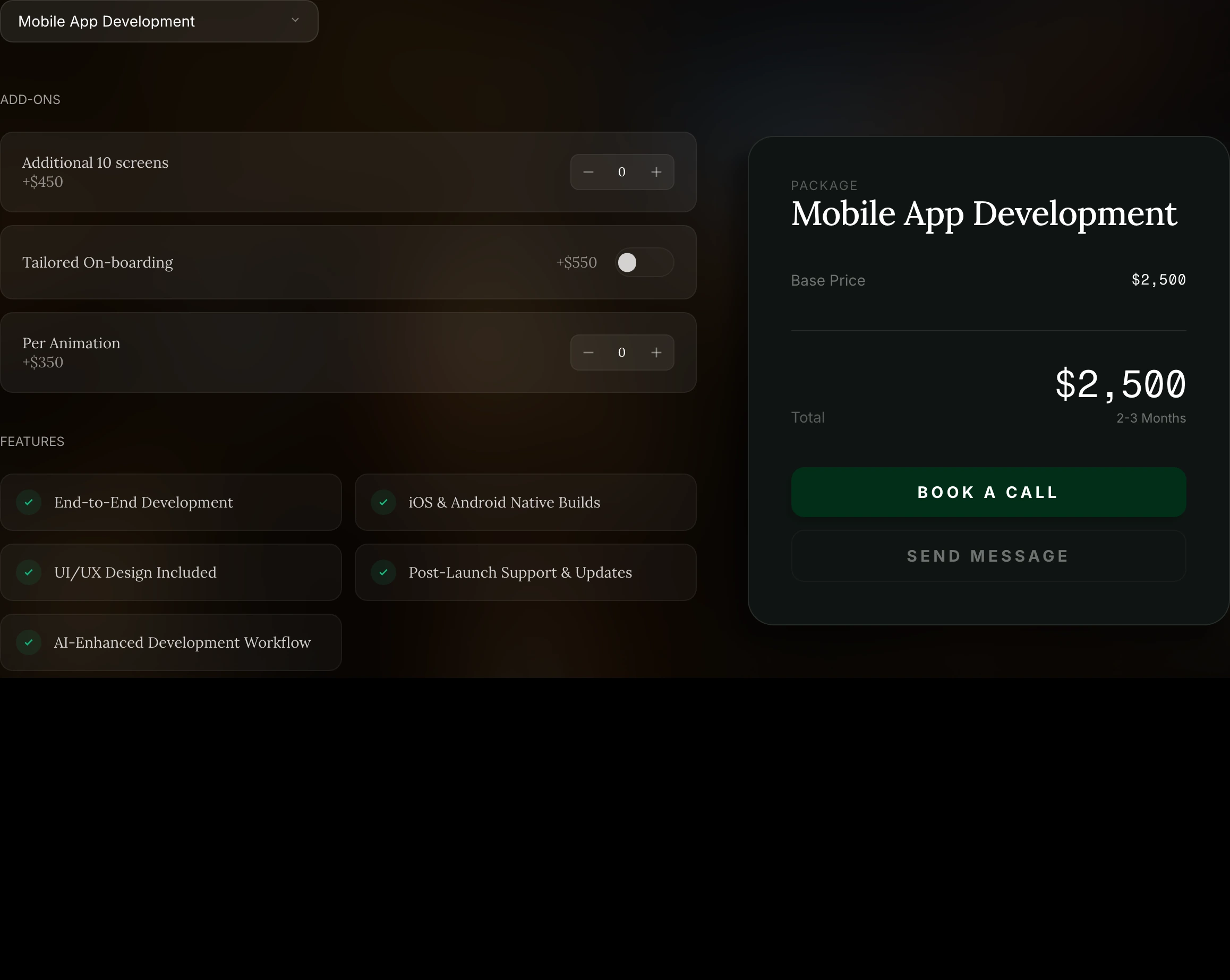 A refined, dark-mode interactive pricing configurator with subtle warm amber underglow and elegant serif headings.