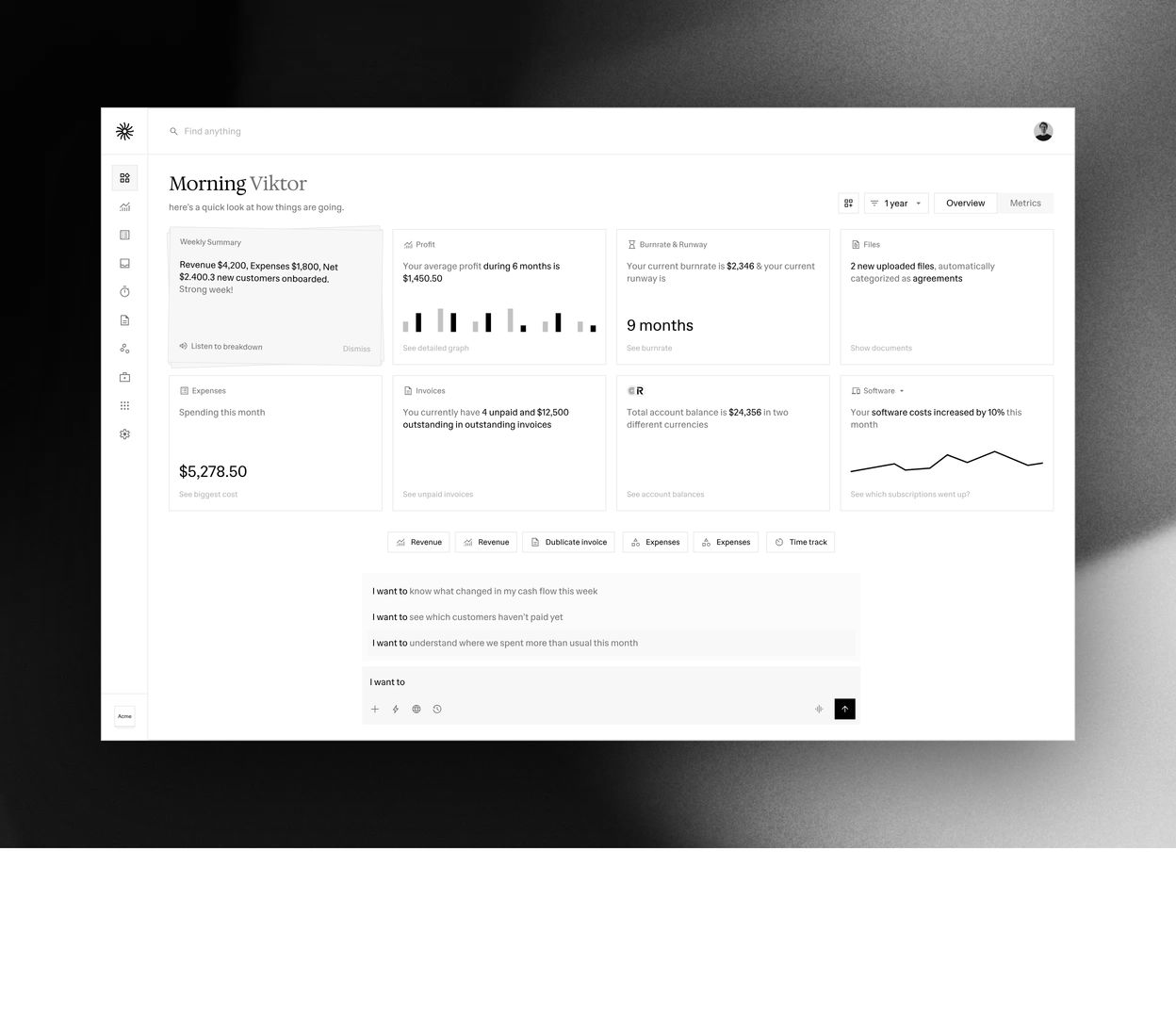 An ultra-clean, monochromatic financial workspace blending structured dashboard cards with conversational AI input in an airy, clinical layout.