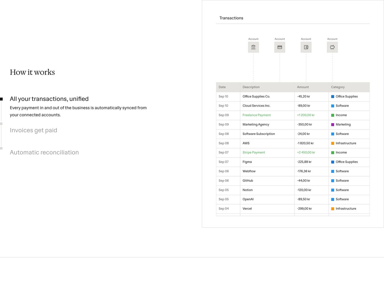 Quiet and meticulously structured product feature layout pairing a stepped text hierarchy with a clean financial transaction table mockup.