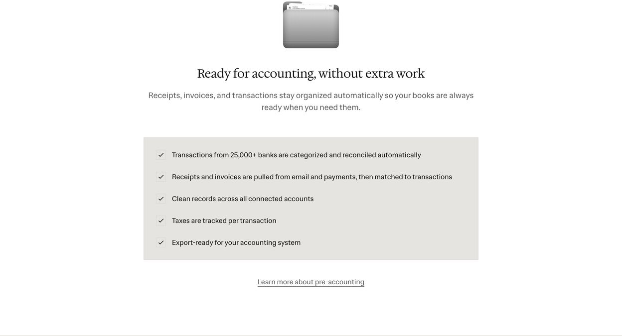 A calm, understated feature section with generous whitespace, subtle serif headings, and a muted checklist card.