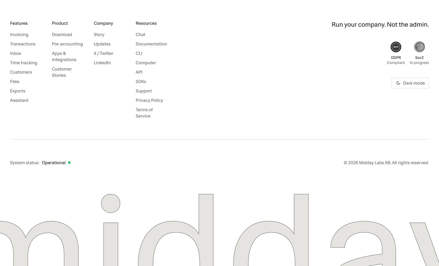 Crisp and spacious footer anchored by an immense, muted outlined wordmark bleeding off the bottom edge.