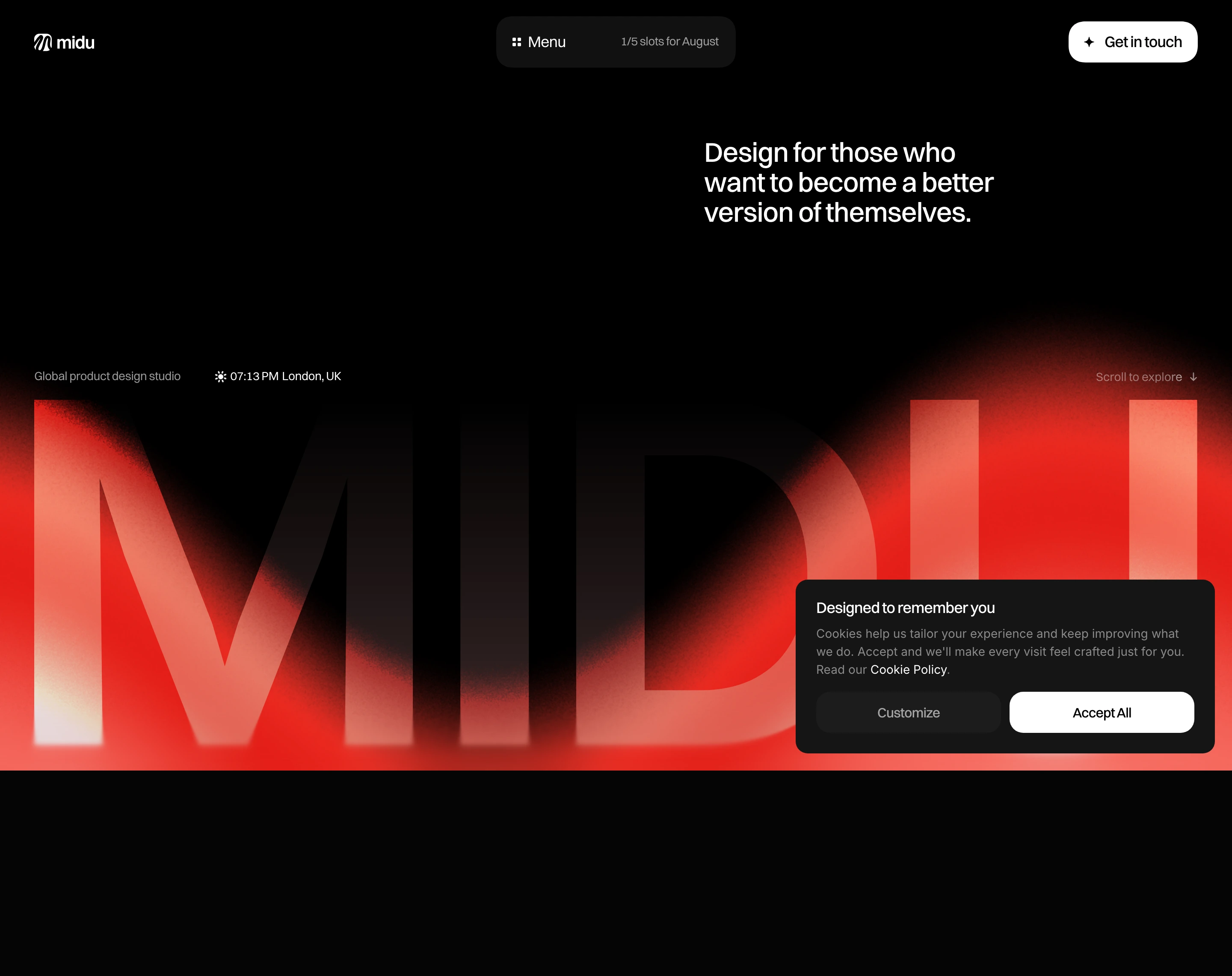 Dark, moody studio hero anchored by an enormous glowing red typographic backdrop and restrained editorial typography.