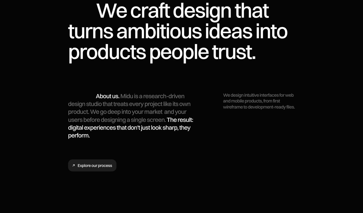 A restrained, high-contrast dark studio hero relying purely on stark typography and disciplined whitespace to project quiet authority.