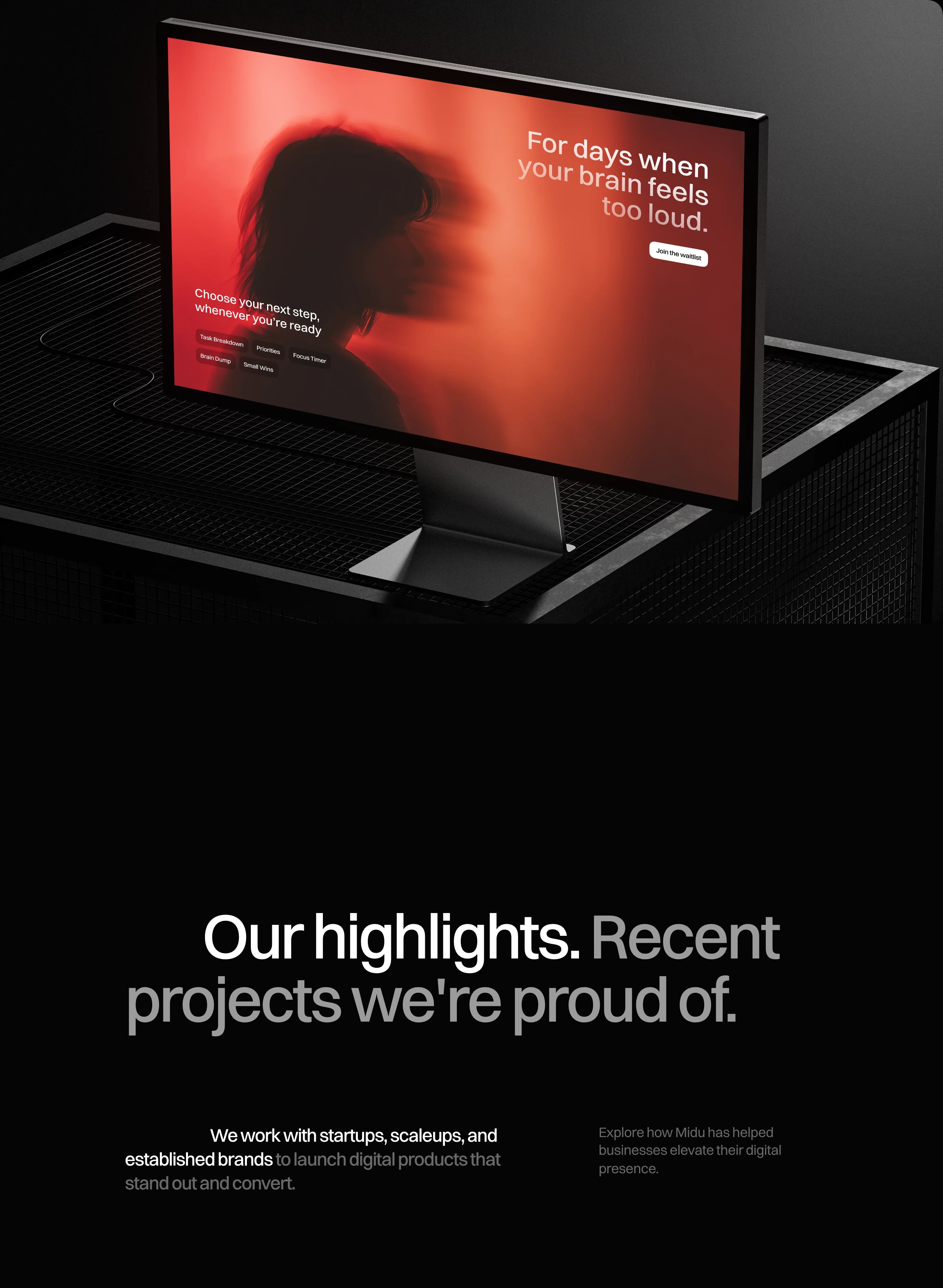 A cinematic dark studio showcase pairing a moody 3D hardware mockup with bold, high-contrast agency typography.