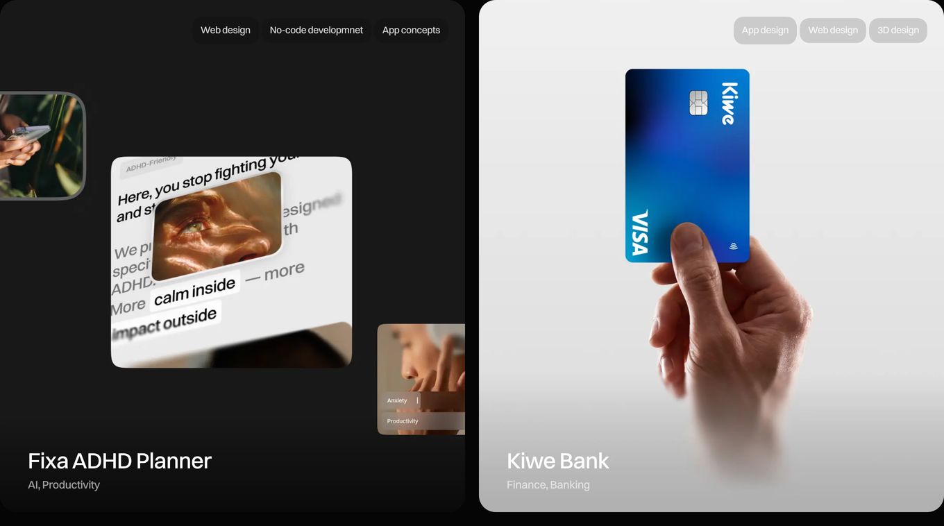 Sleek split-column portfolio cards juxtaposing dark and light project mockups with delicate category tags.