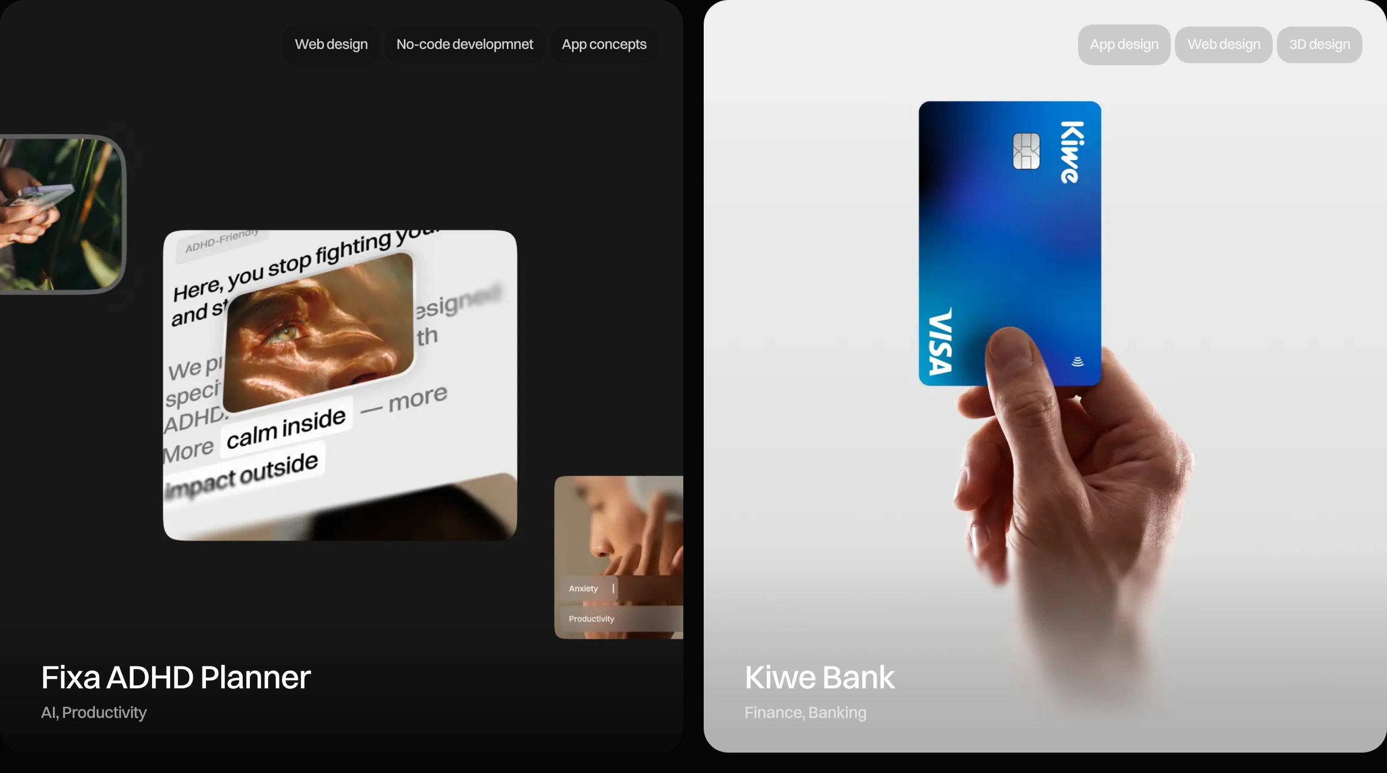 Sleek split-column portfolio cards juxtaposing dark and light project mockups with delicate category tags.