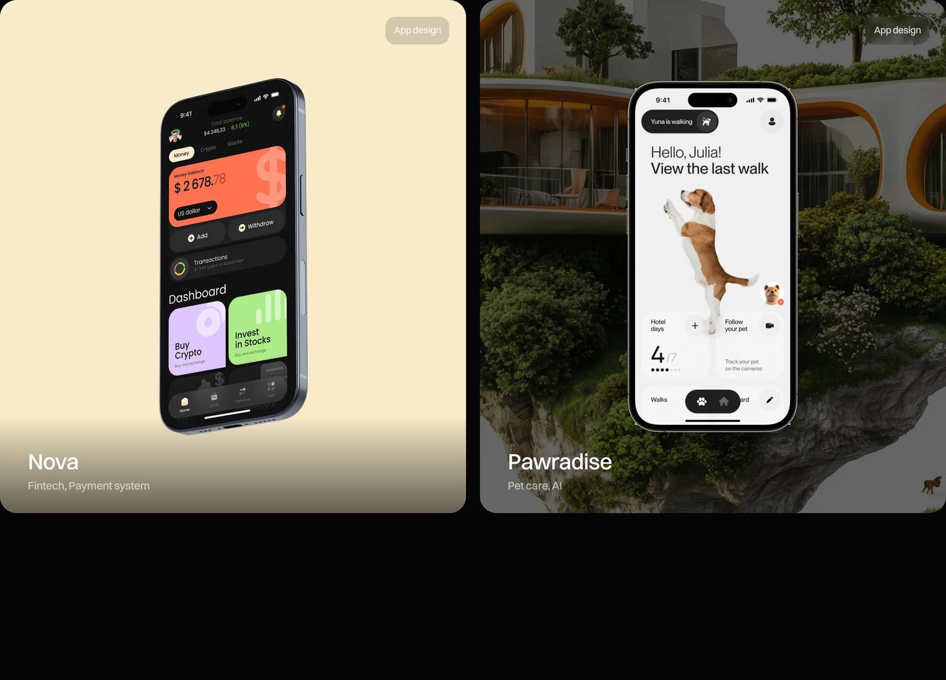 Clean dark portfolio showcase pairing large rounded project cards with floating mobile app UI mockups.