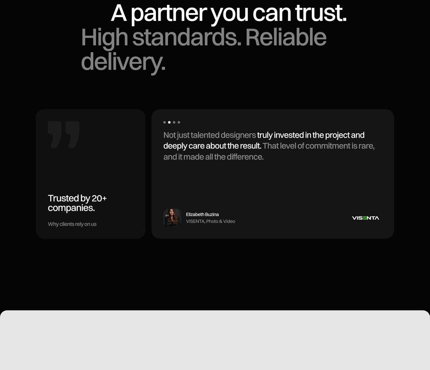 Minimalist dark-mode testimonial section pairing authoritative statement typography with rounded client quote and metric cards.