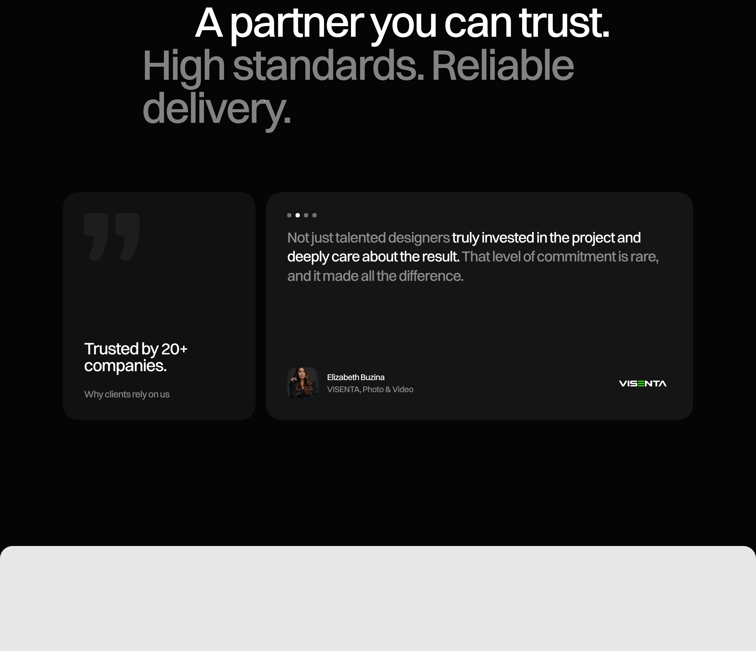 Minimalist dark-mode testimonial section pairing authoritative statement typography with rounded client quote and metric cards.