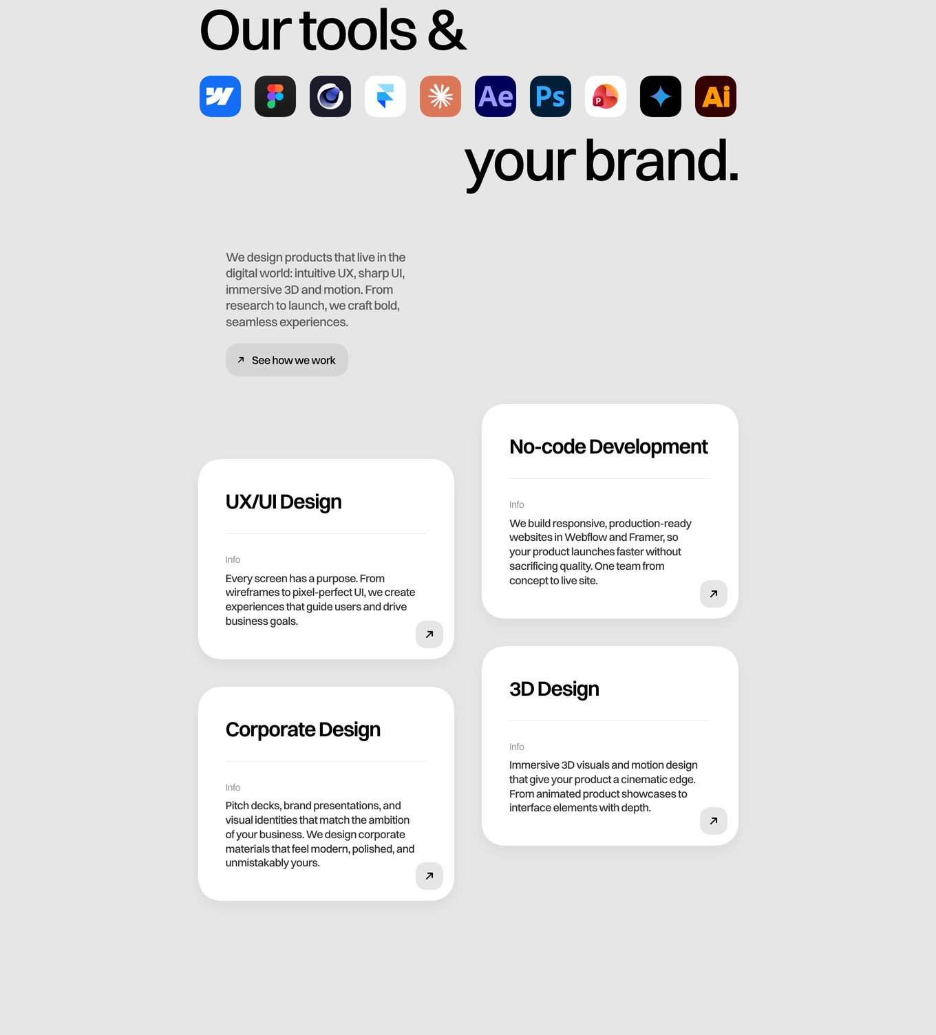 Clean, structured studio services section with a playful inline tool icon bar interrupting the oversized headline above staggered soft-shadowed cards.