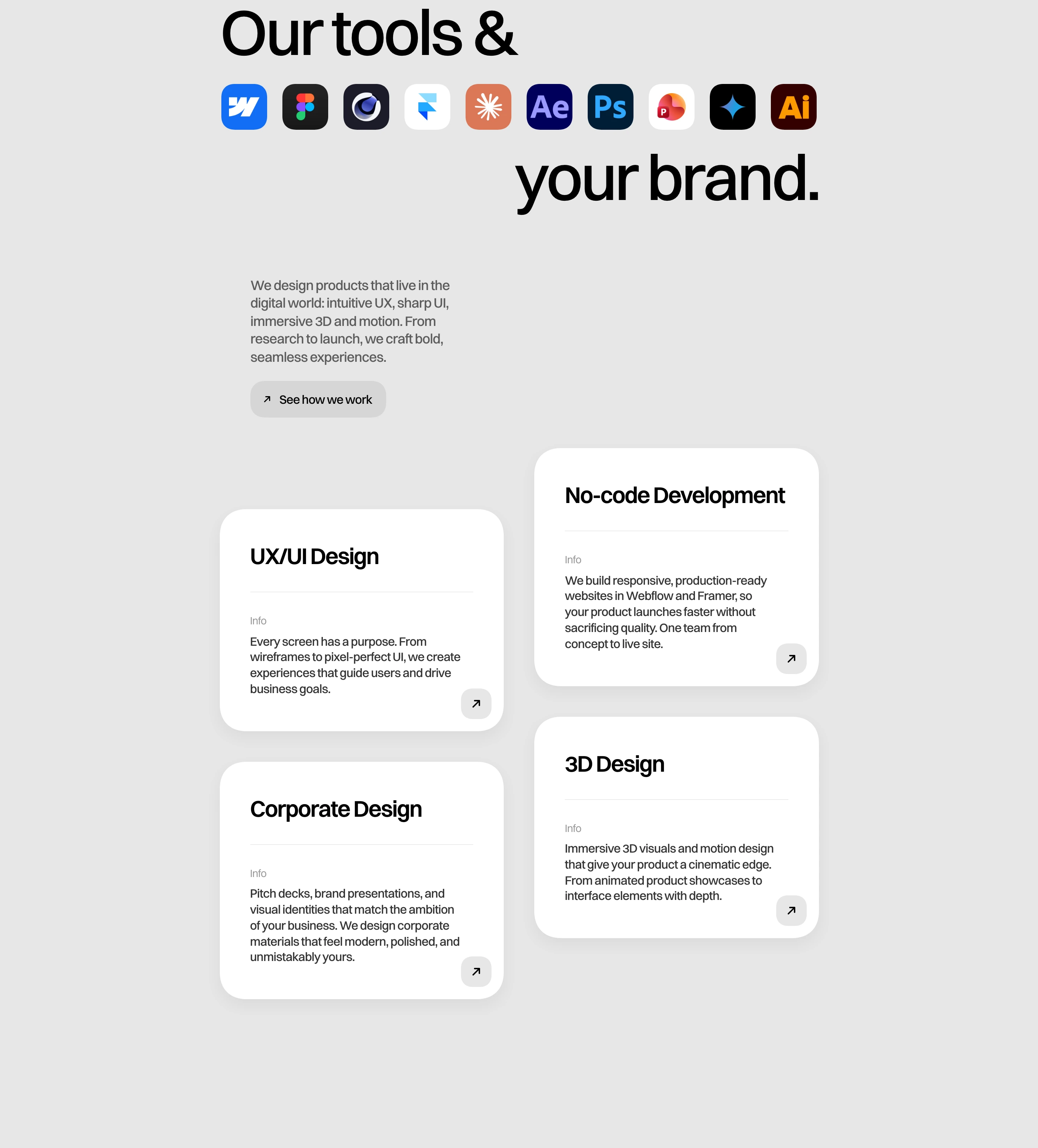 Clean, structured studio services section with a playful inline tool icon bar interrupting the oversized headline above staggered soft-shadowed cards.