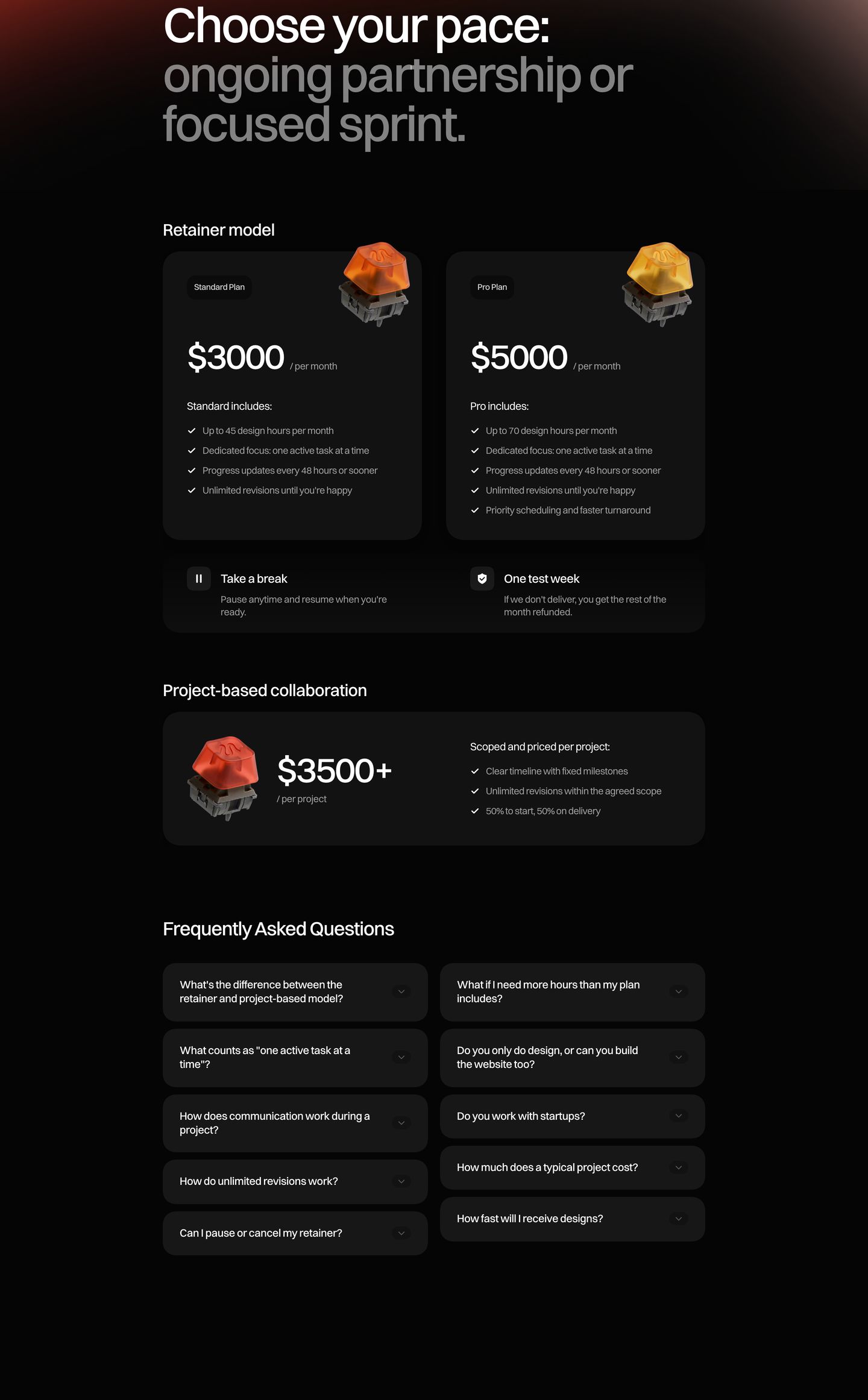 A sleek dark-mode pricing and FAQ section structured with refined card containers and detailed 3D mechanical switch icons.