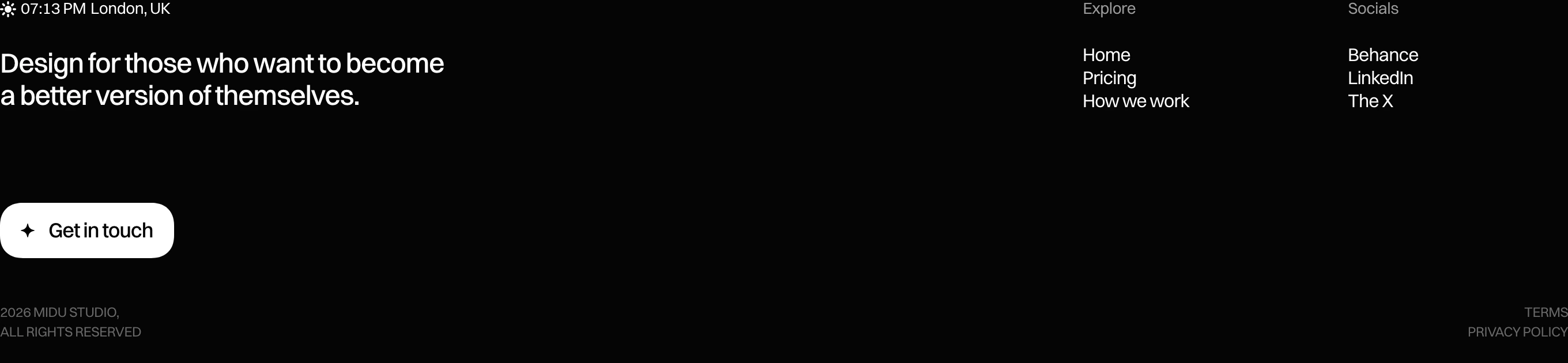 A minimalist dark footer anchored by a quiet agency manifesto and disciplined multi-column navigation links.