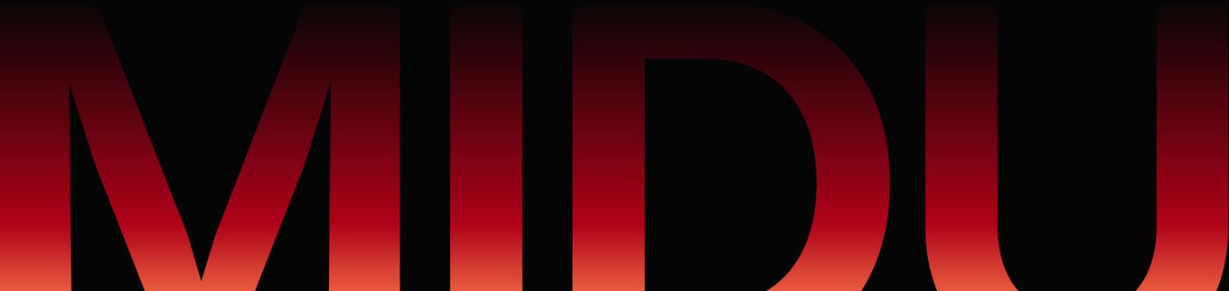 A colossal brand wordmark emerges from deep darkness in a glowing red gradient, cropped aggressively across the frame.