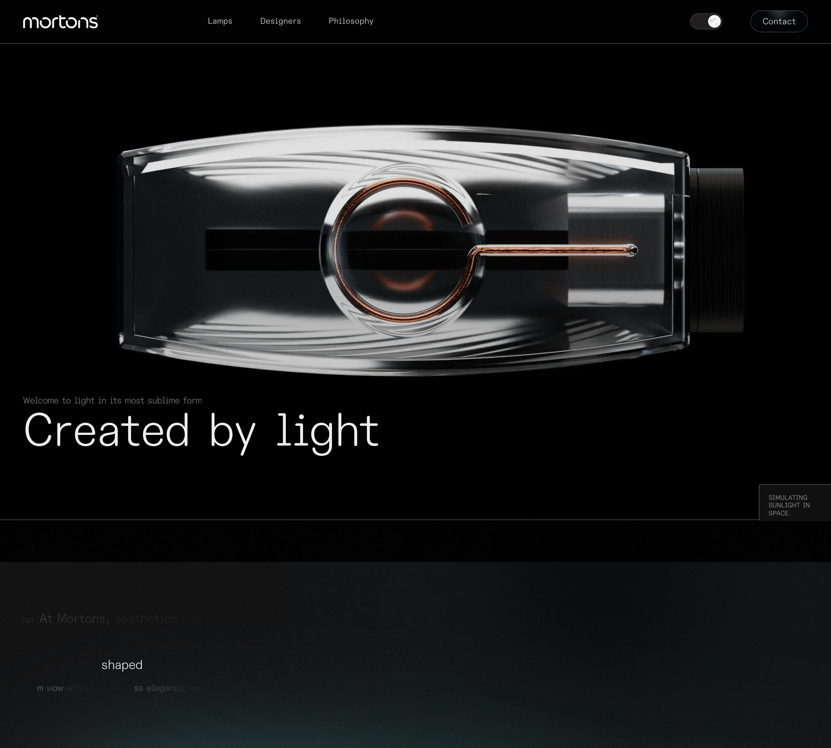 A pitch-black industrial design hero dominated by an intricate, glowing glass fixture render and precise minimalist typography.