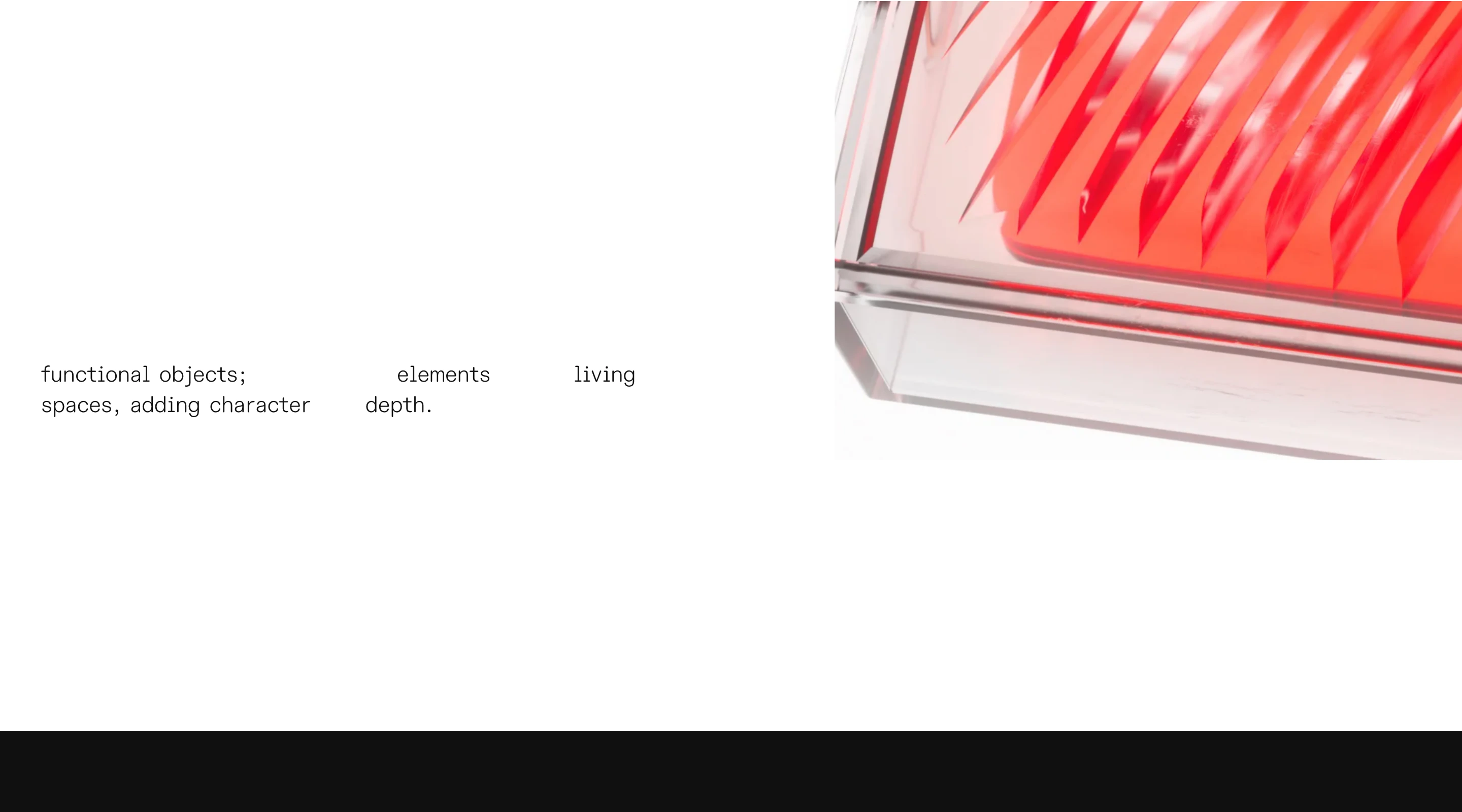 Spacious and quiet gallery composition pairing minimal lowercase text fragments with a cropped sculptural object in lucite.