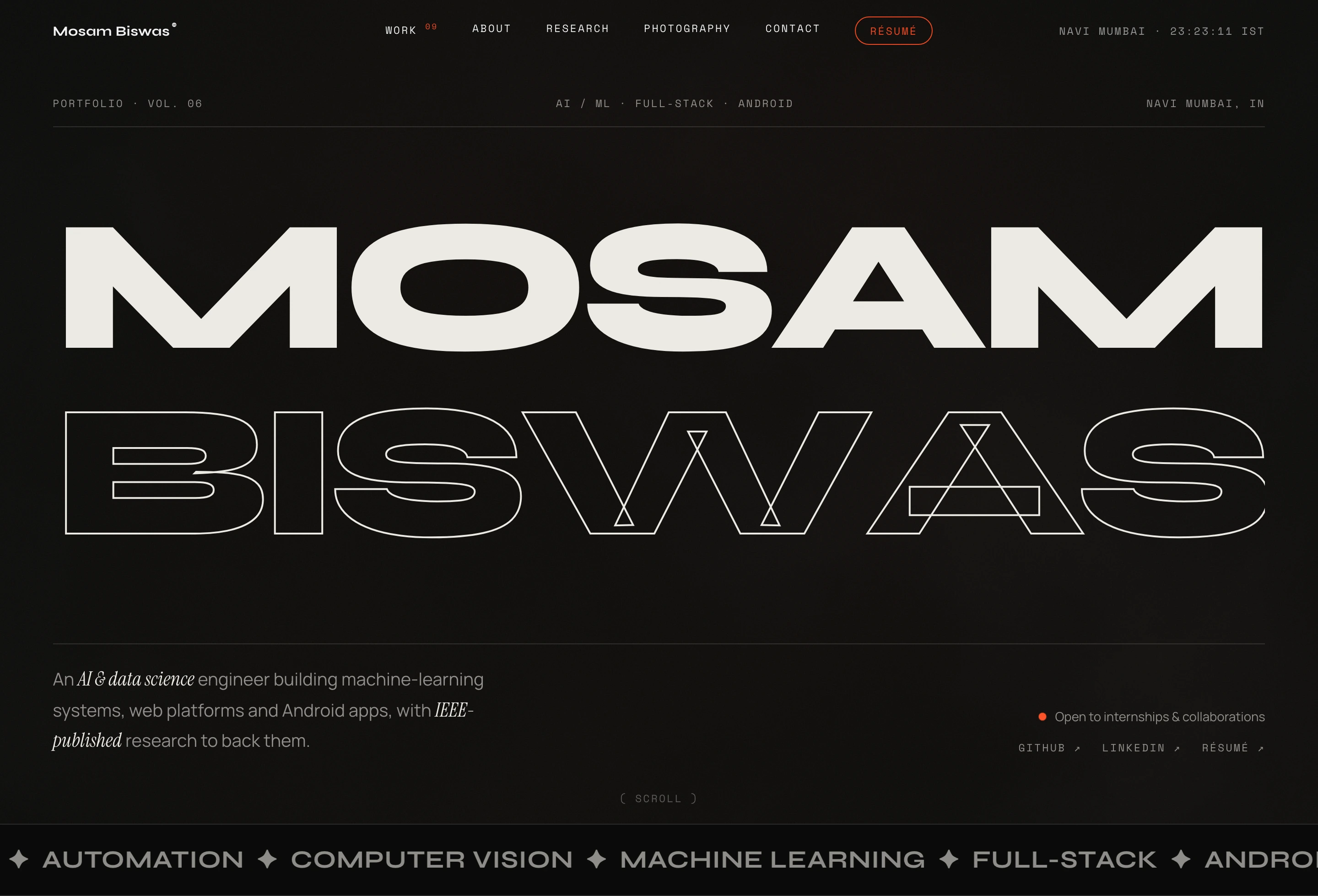 A striking technical portfolio hero dominated by massive typography that transitions from solid geometry into razor-sharp wireframe outlines.