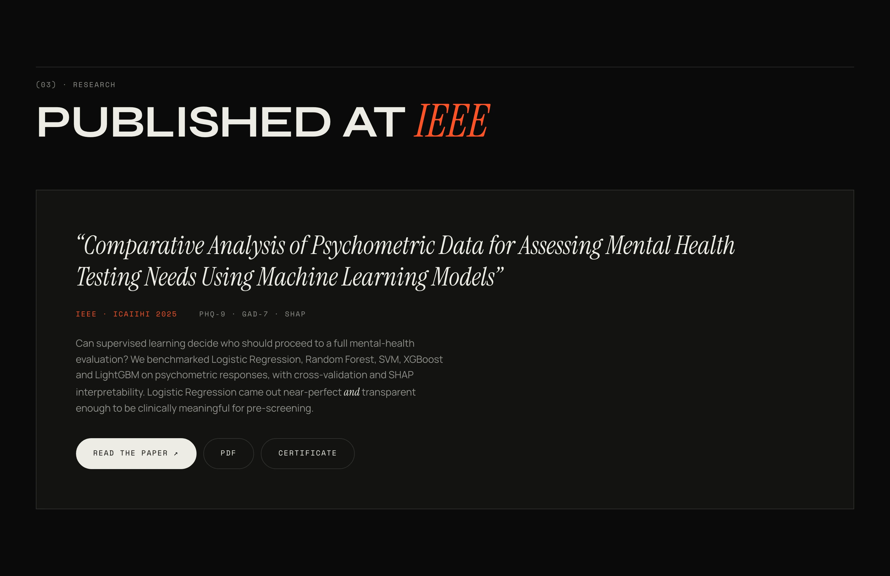 Stark, dark research paper showcase blending clinical monospaced metadata with an elegant italic serif title.