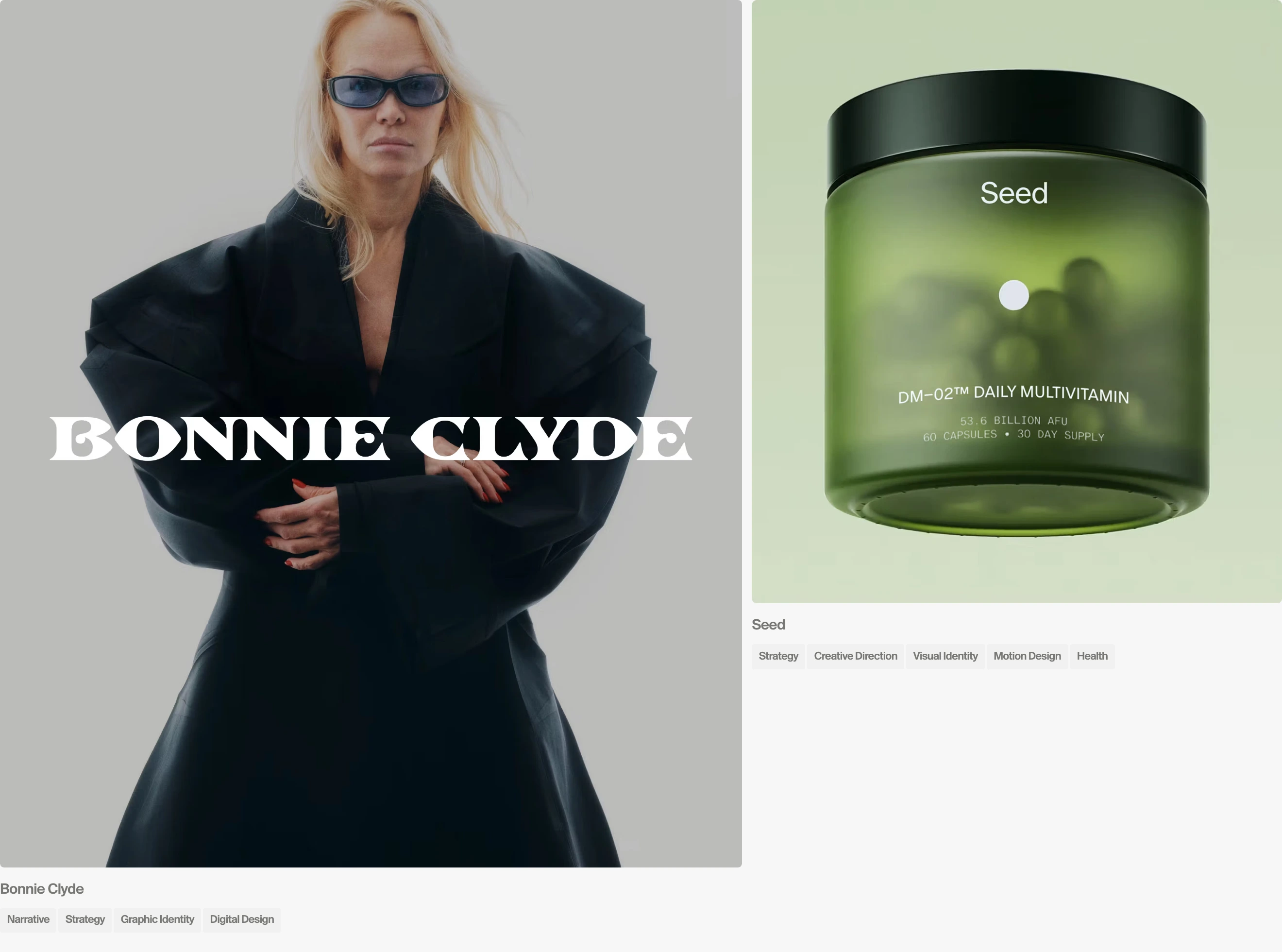 Quiet, high-fashion agency showcase pairing crisp art-directed photography with understated typographic tags and generous negative space.