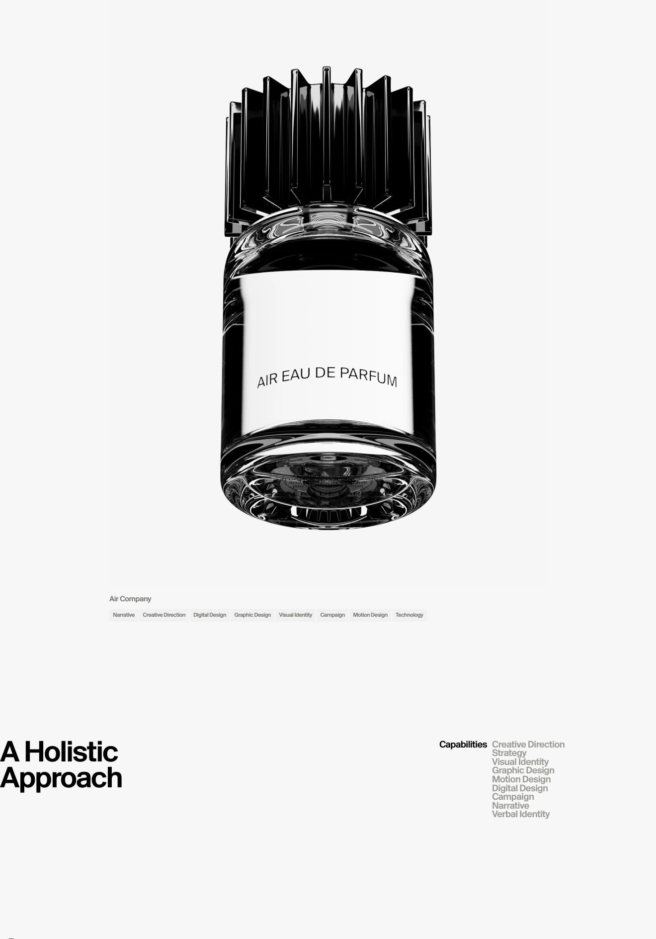 An ultra-restrained, gallery-like project showcase anchored by a hyper-detailed sculptural perfume bottle and pristine Swiss typography.