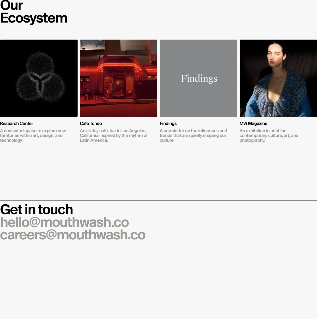 Restrained Swiss studio layout pairing a four-column square media grid with oversized, muted contact links on a pale grey background.