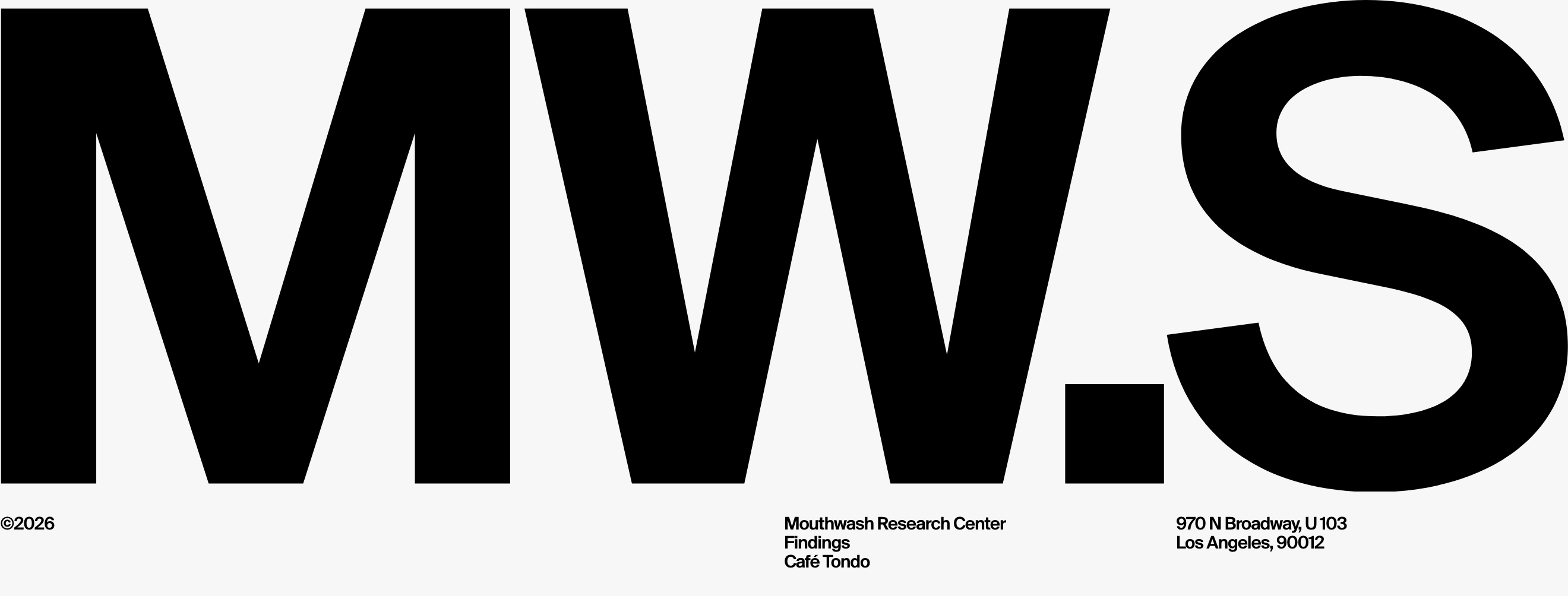 Monolithic black initials dominate a stark white canvas, paired with tiny Swiss-style credits aligned along the bottom edge.