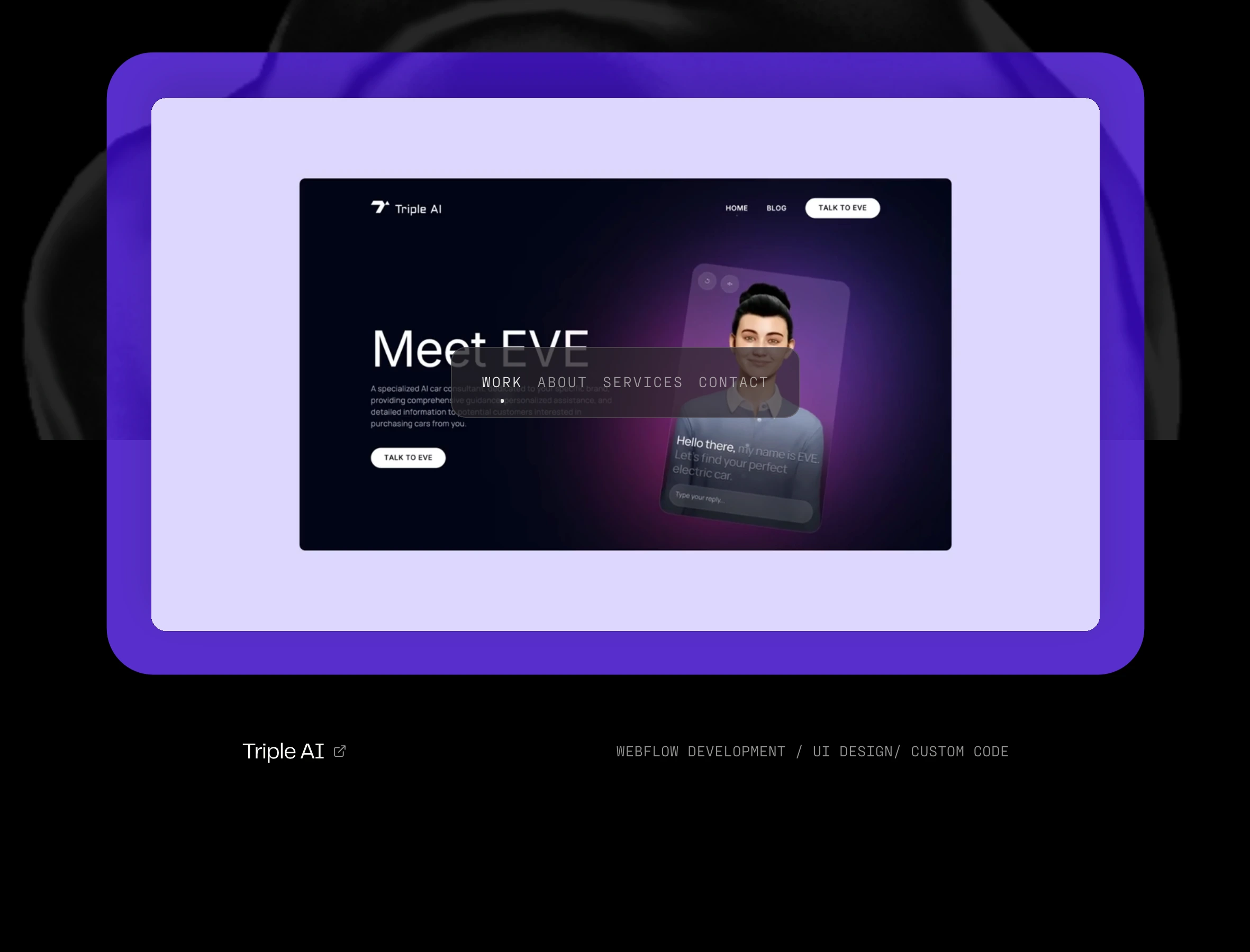 A framed portfolio case study floating against a dark void, presenting an AI product interface with quiet digital precision.