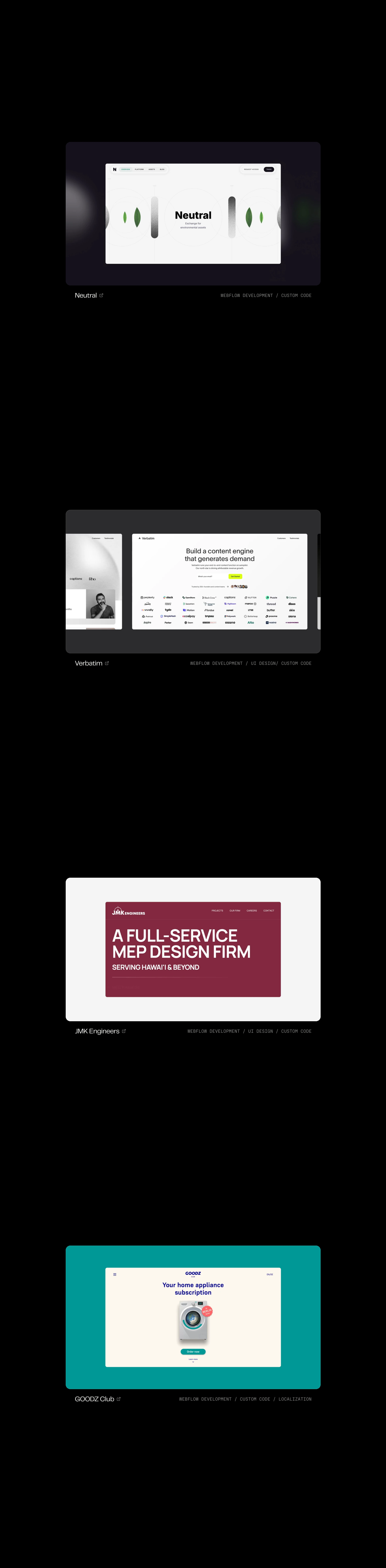 An expansive, deep black portfolio feed presenting framed client case study mockups with clinical mono metadata labels.