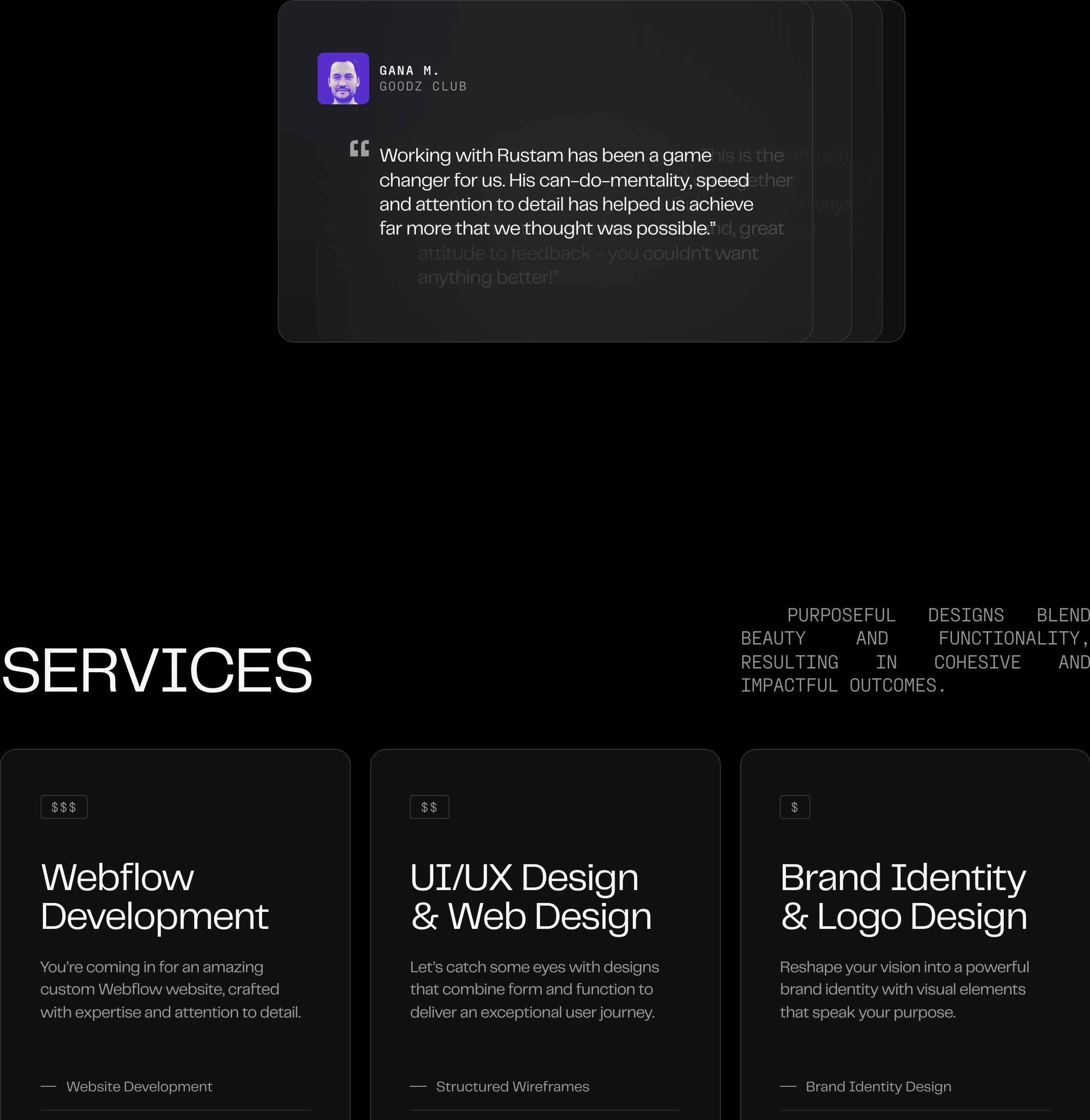 Dark, precision-engineered services grid featuring high-contrast typography, stacked testimonial cards, and technical monospace price-tier markers.