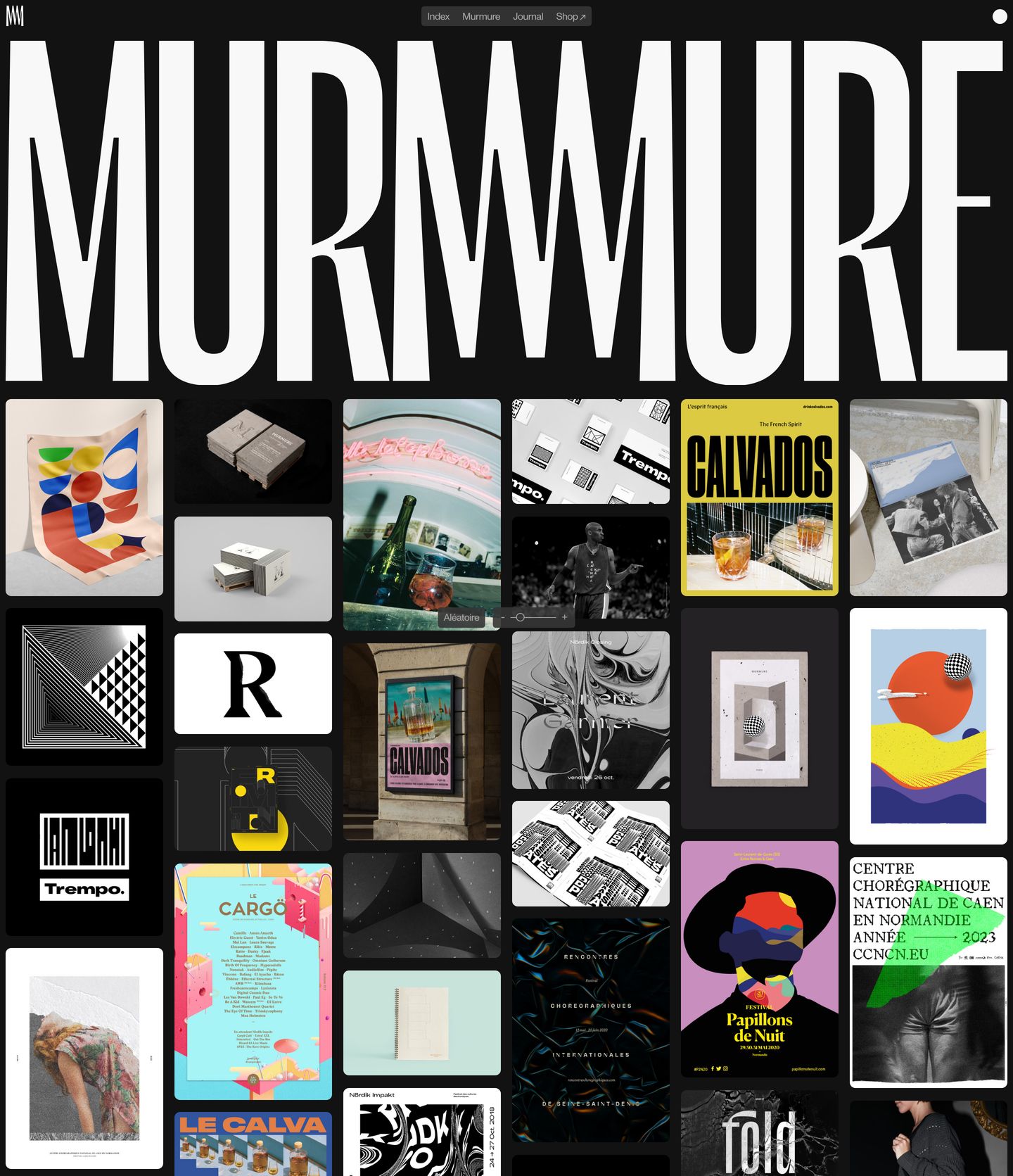 Massive, vertically stretched condensed typography dominates the viewport atop a dense, high-contrast dark masonry grid of design work.