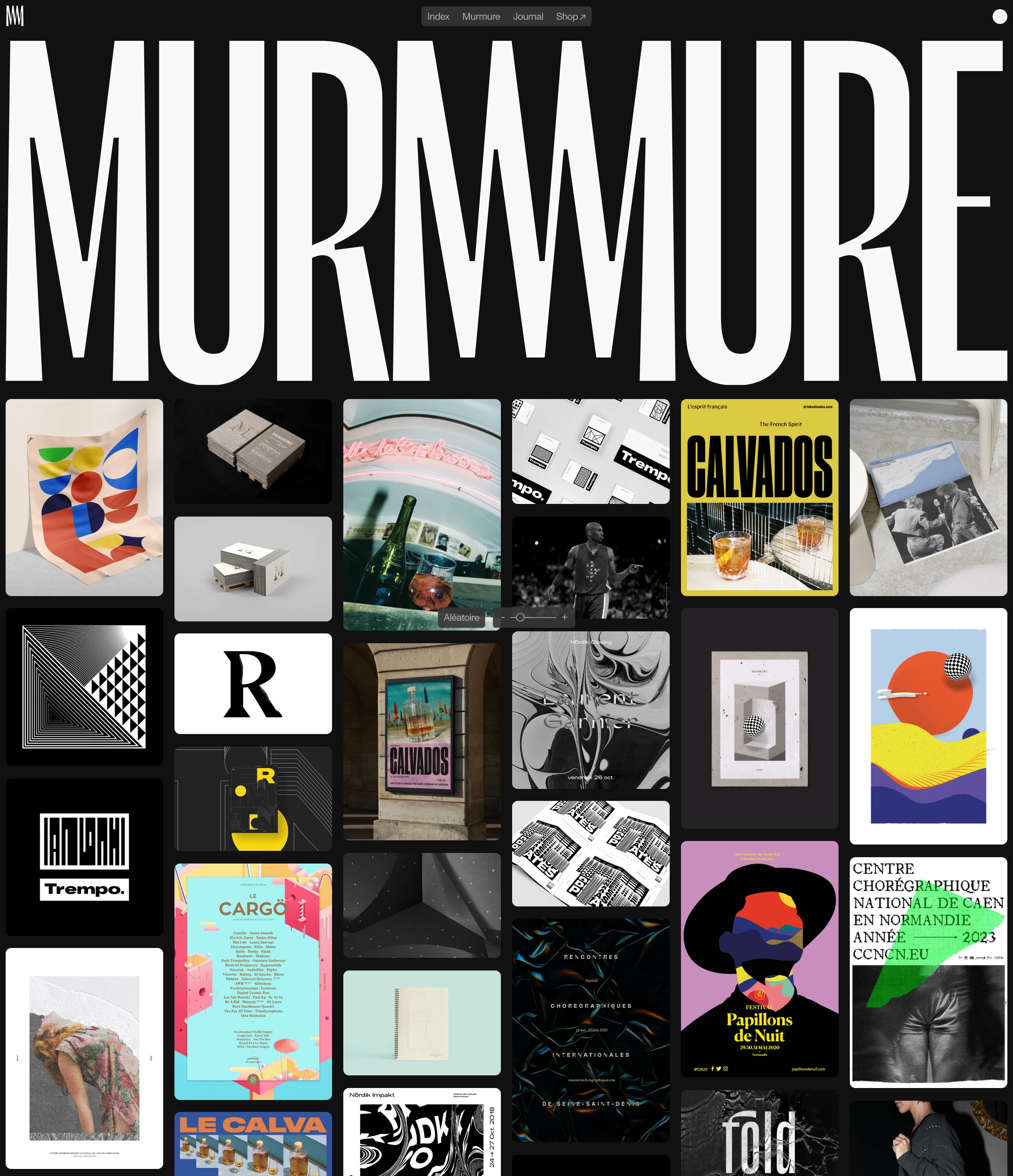 Massive, vertically stretched condensed typography dominates the viewport atop a dense, high-contrast dark masonry grid of design work.