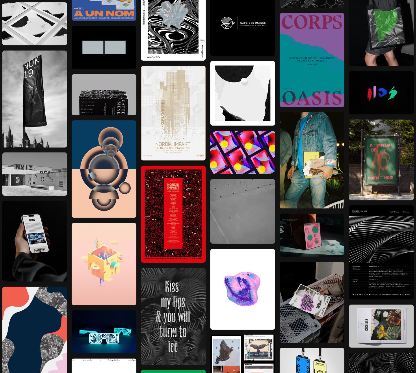 A dense, immersive masonry wall of graphic design posters, branding artifacts, and visual experiments over a pitch-black canvas.