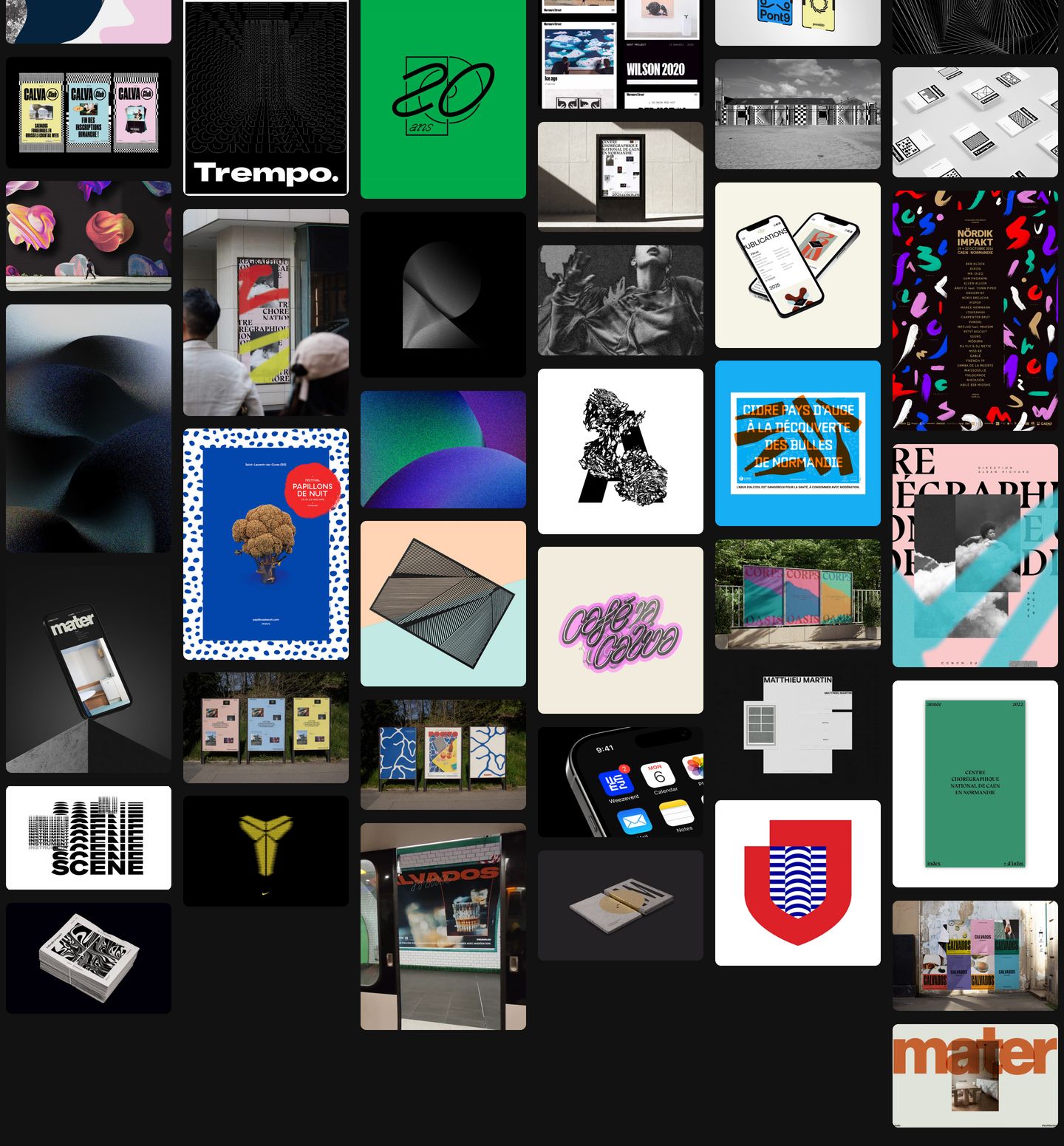 A dense, wall-to-wall dark masonry gallery displaying an eclectic index of graphic design, posters, and branding projects.