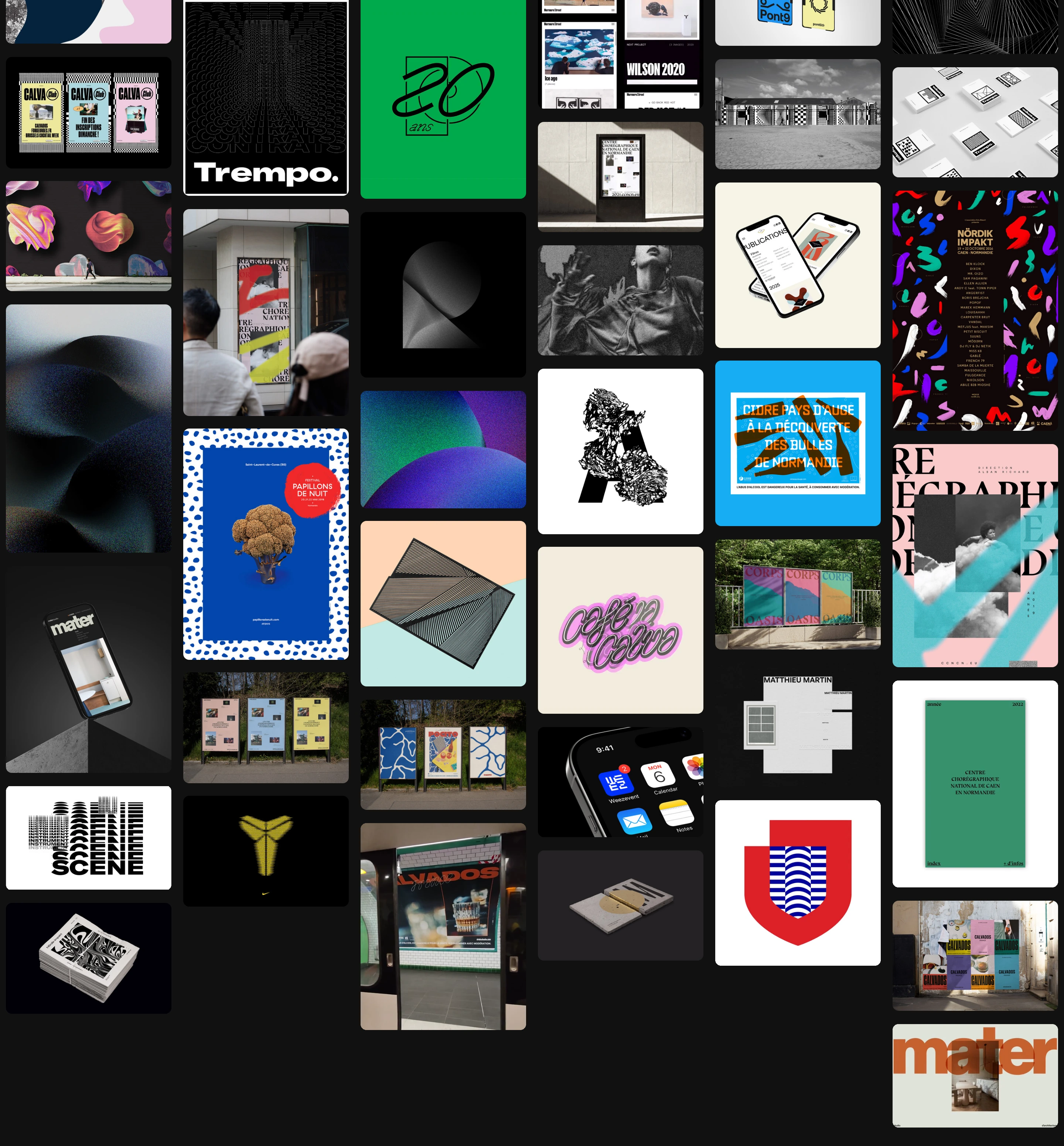 A dense, wall-to-wall dark masonry gallery displaying an eclectic index of graphic design, posters, and branding projects.