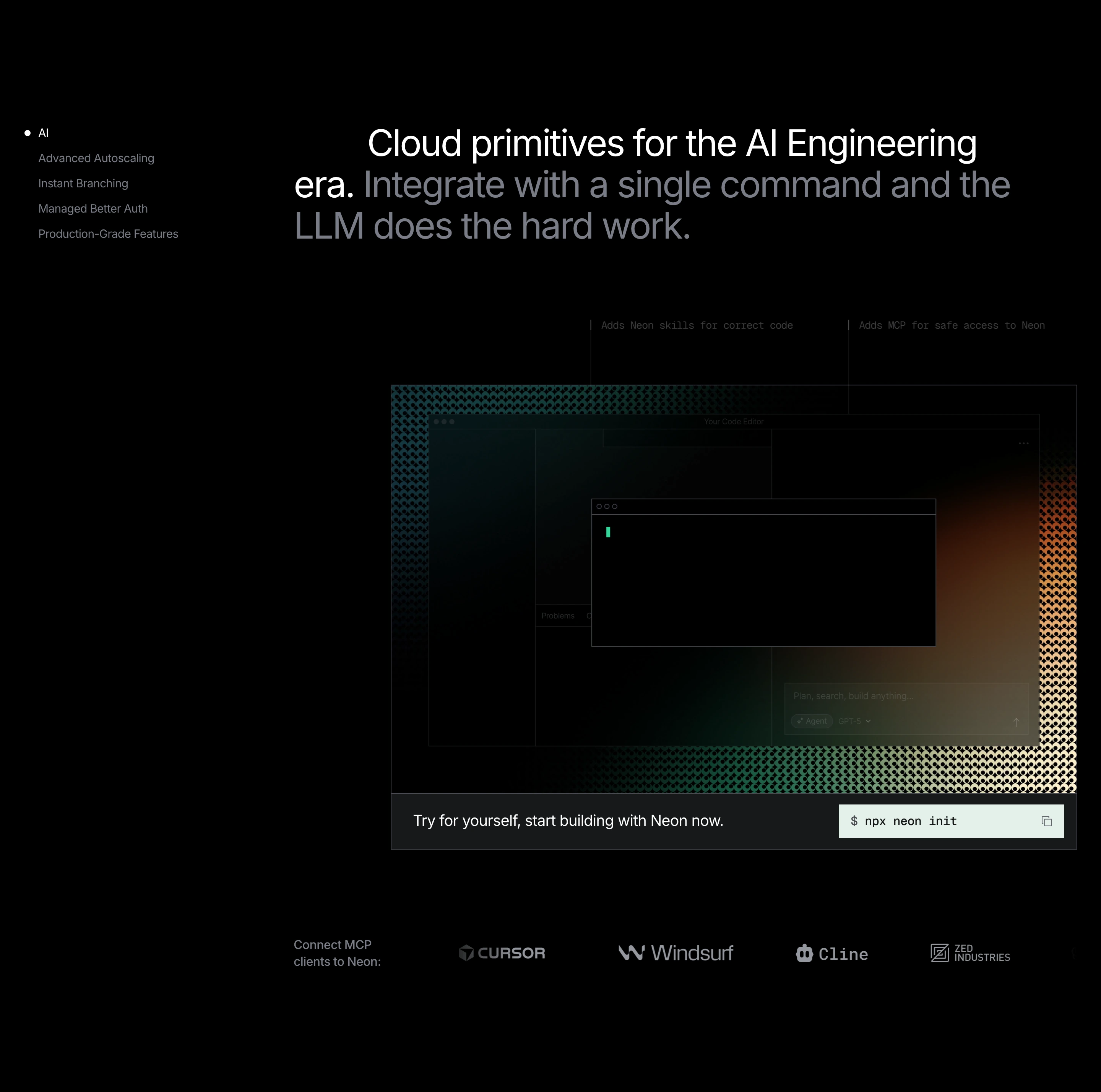 Precise dark developer feature section spotlighting an IDE terminal over a textured glowing halftone backdrop.