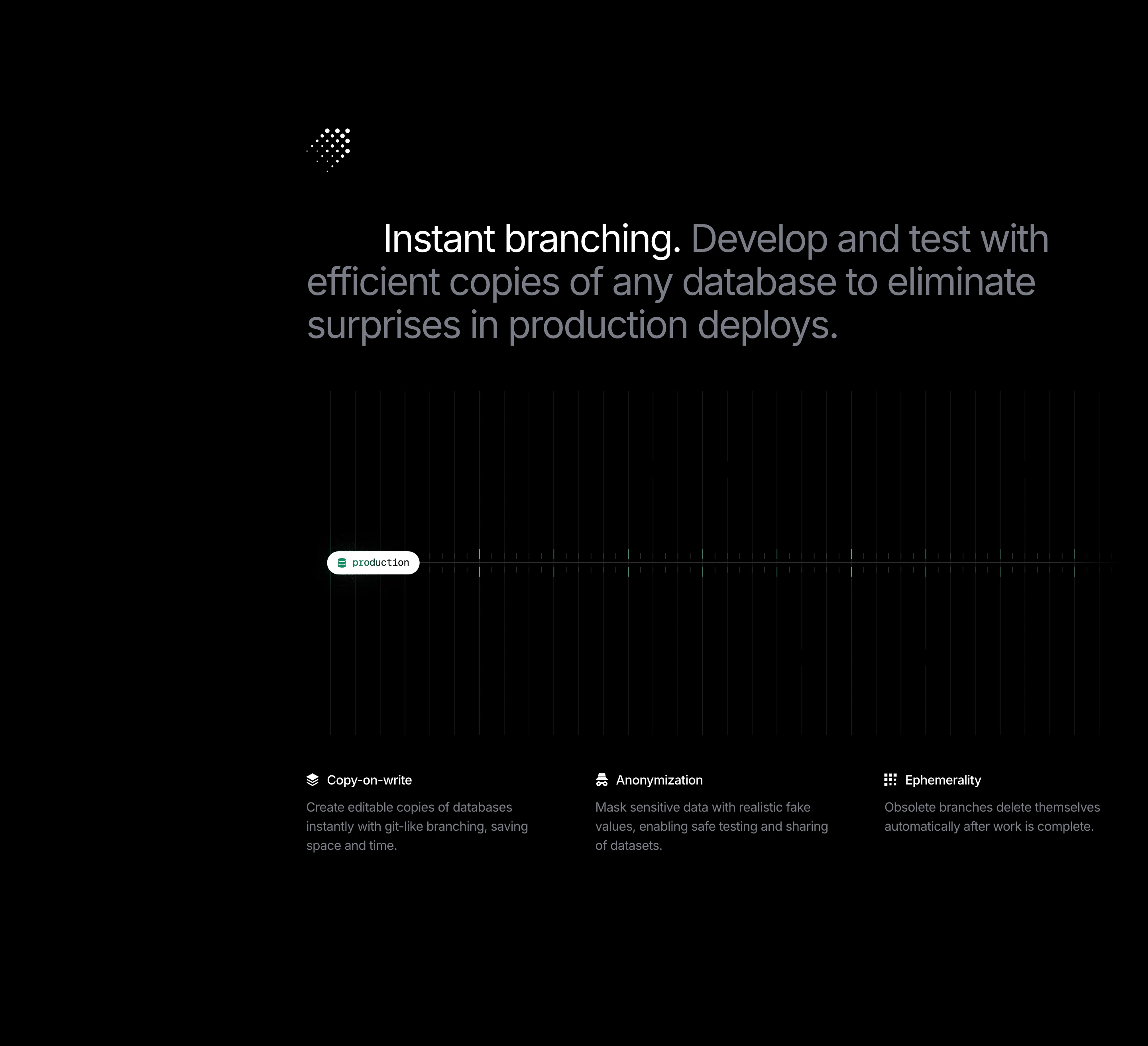 A pitch-black developer feature section pairing crisp typography with a delicate, calibrated timeline grid.