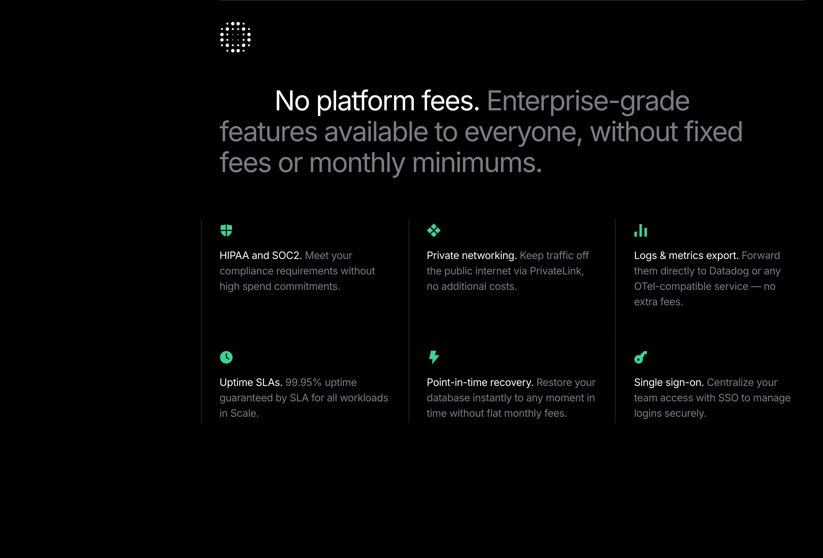 Sleek and clinical dark feature matrix highlighting enterprise capabilities with subtle emerald icons and high typographic clarity.