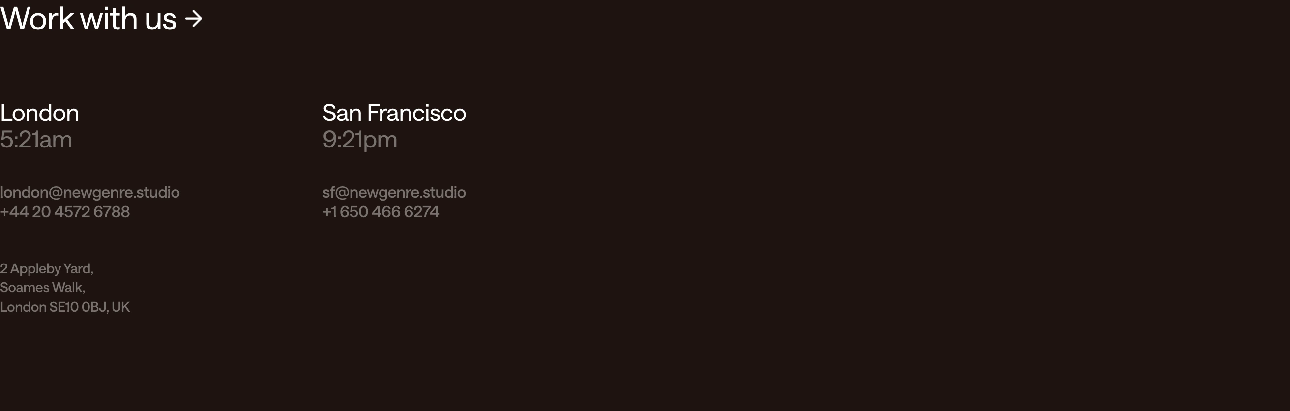 Quiet, minimalist studio contact footer displaying international office locations and live local times against deep darkness.