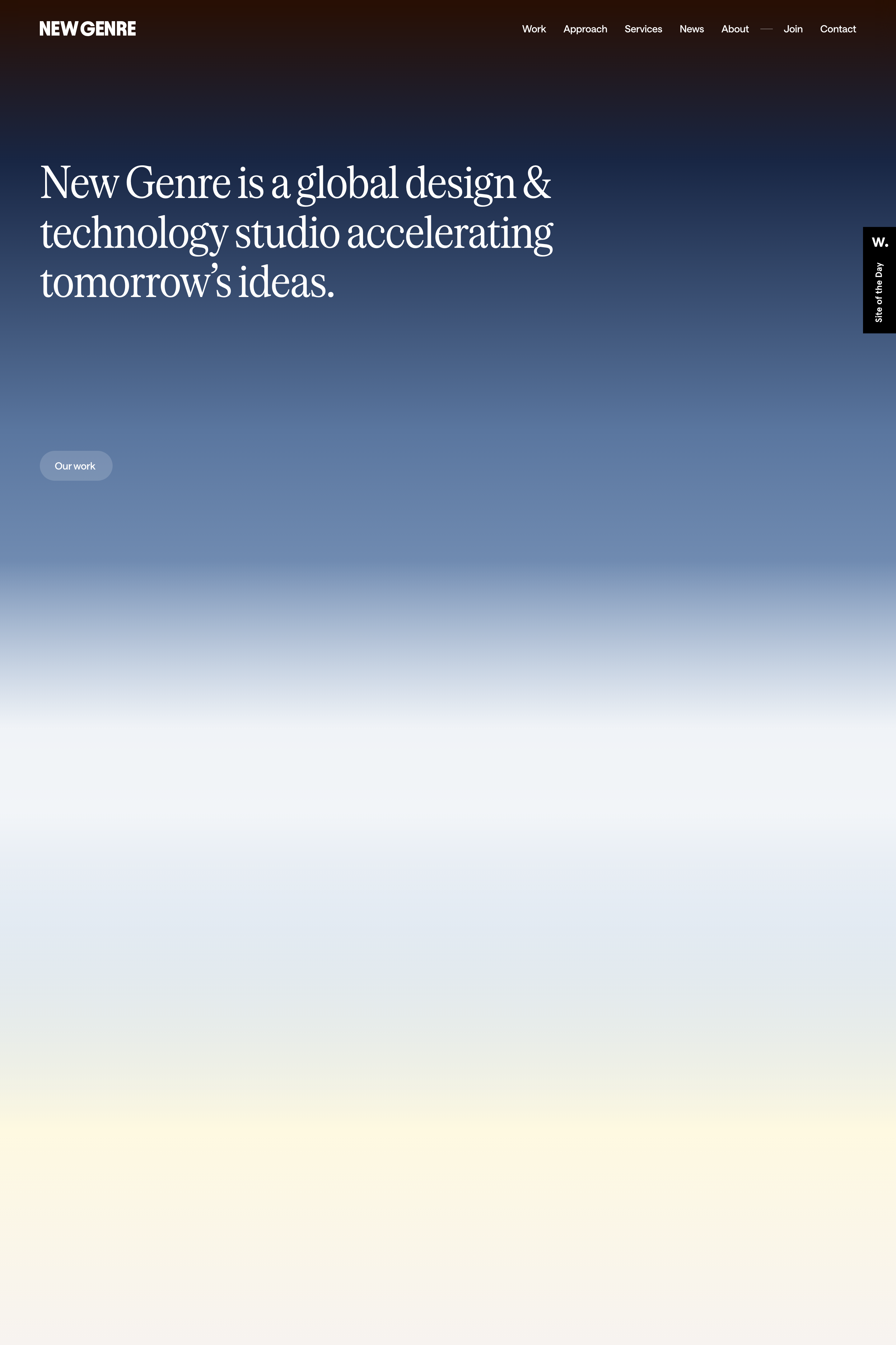 An ethereal vertical gradient fades from midnight blue into luminous haze beneath an elegant serif studio manifesto.