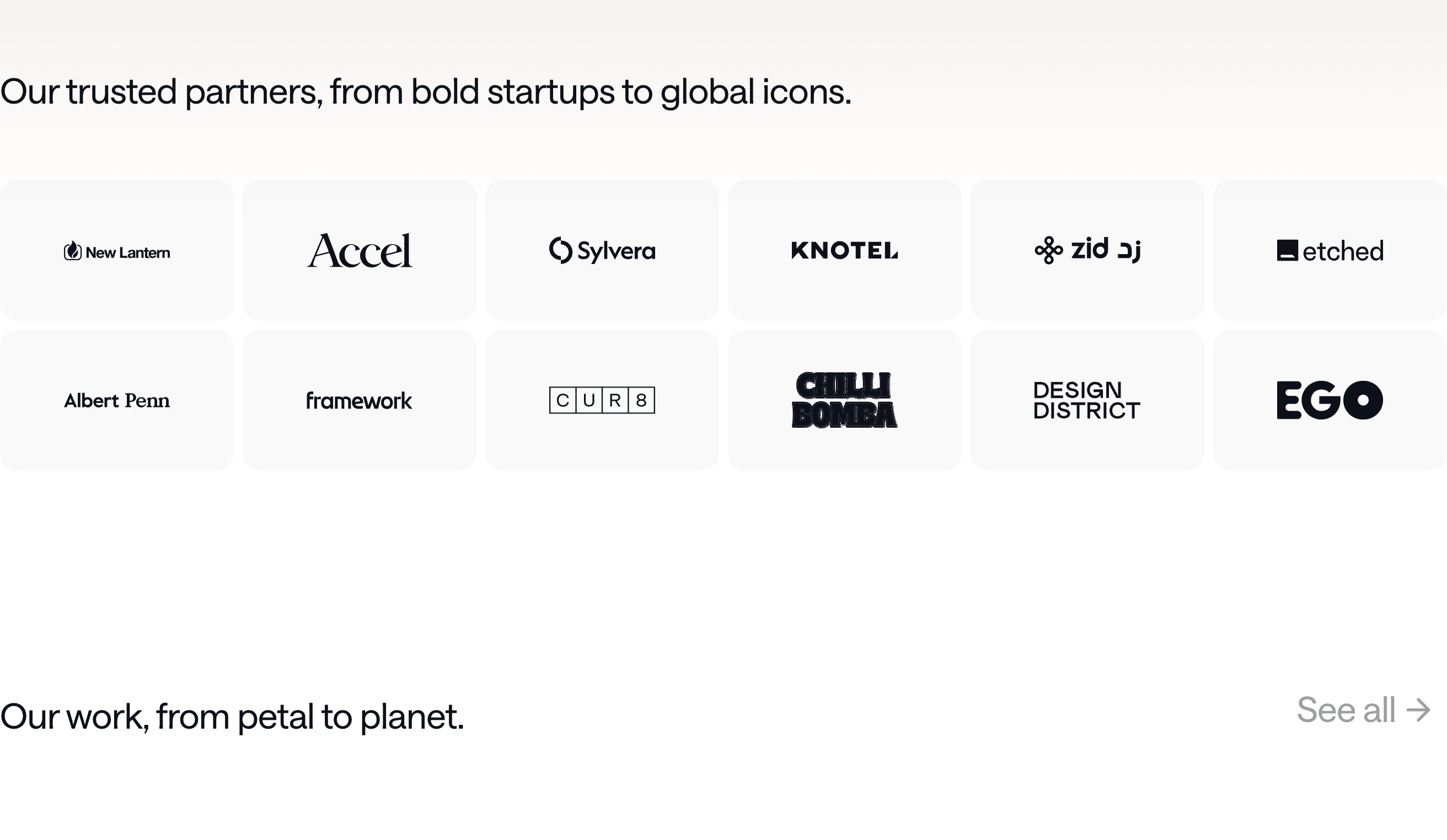 A quiet and minimal partner logo grid framed in soft, rounded rectangular tiles beneath restrained sans-serif typography.