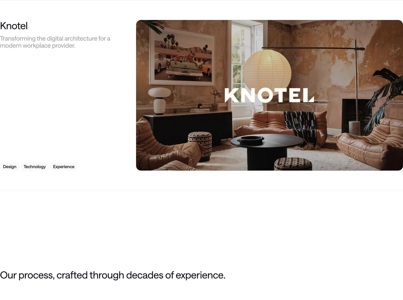 A restrained and airy project showcase pairing understated metadata and quiet typography with a warm, richly textured interior photograph.